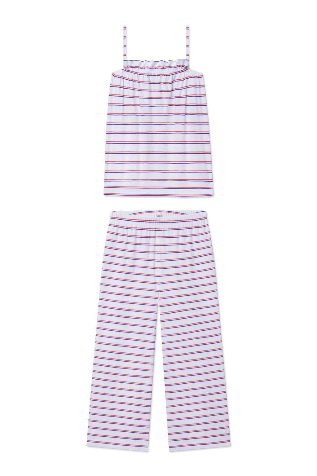Two-piece set with blue, pink, and white horizontal stripes: sleeveless tank top with ruffled neckline and matching wide-leg 