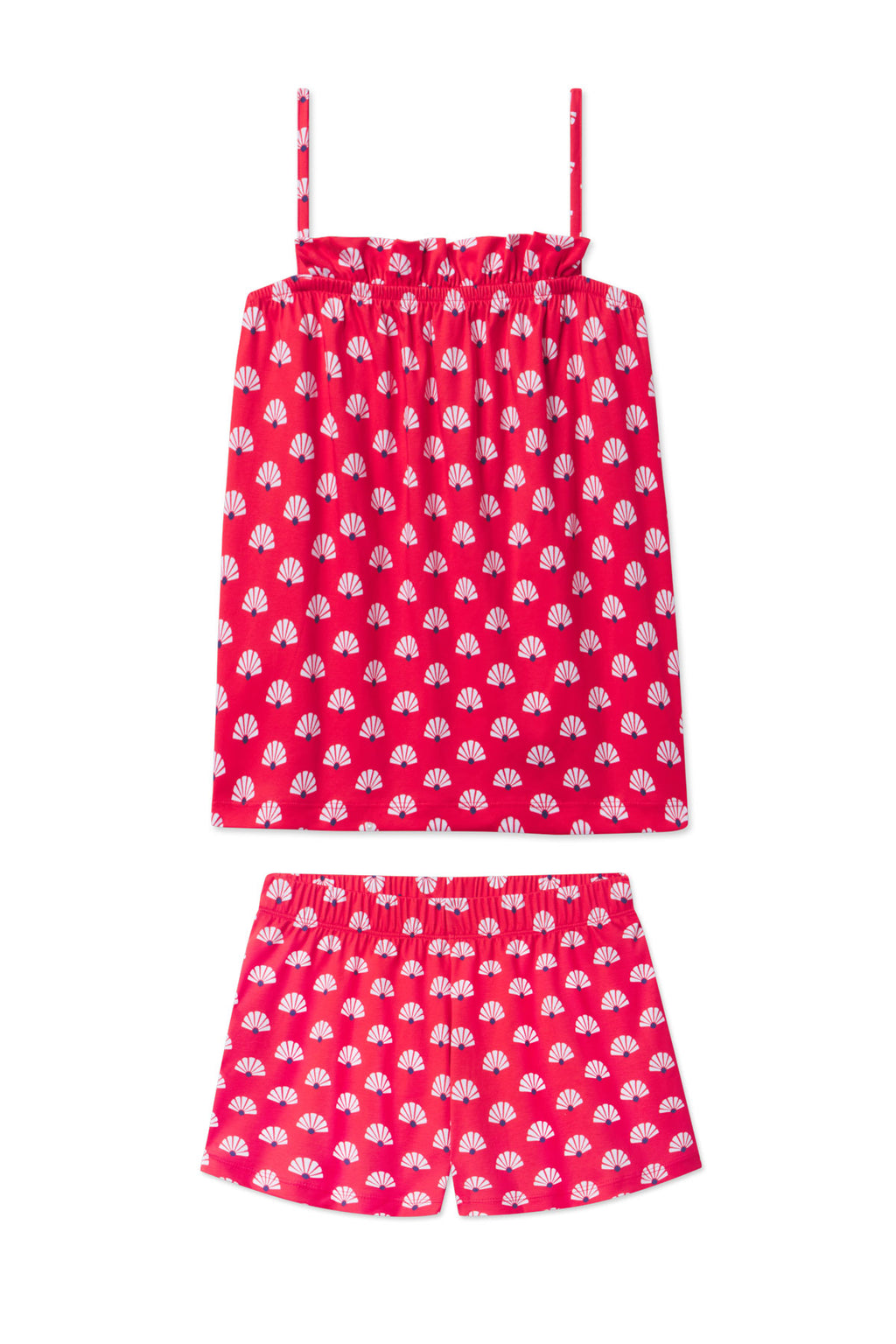 Two-piece set with red tank top and shorts featuring white scallop shell print throughout.