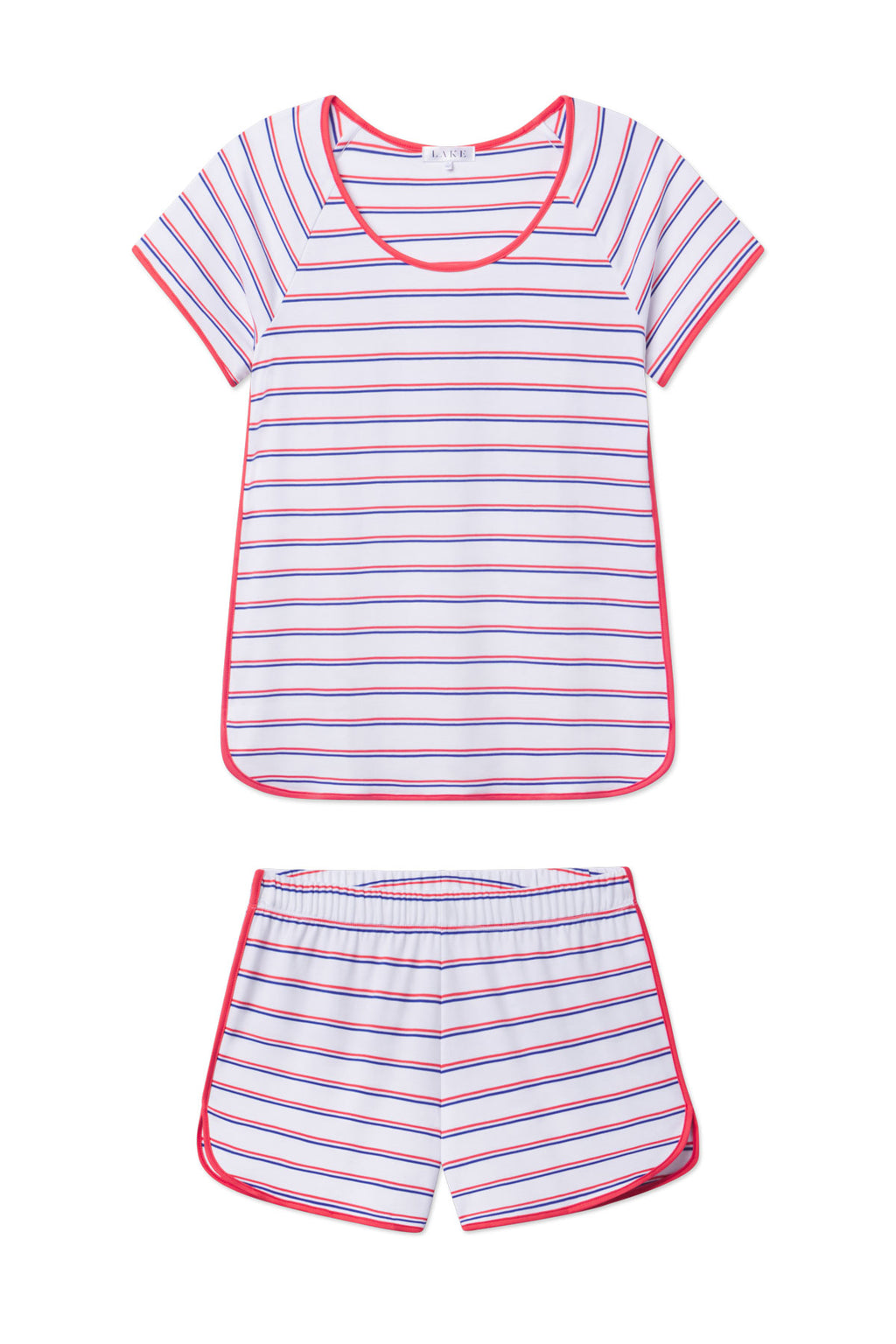 Two-piece set with short-sleeve striped shirt and matching shorts in pink, blue, and white horizontal stripes.