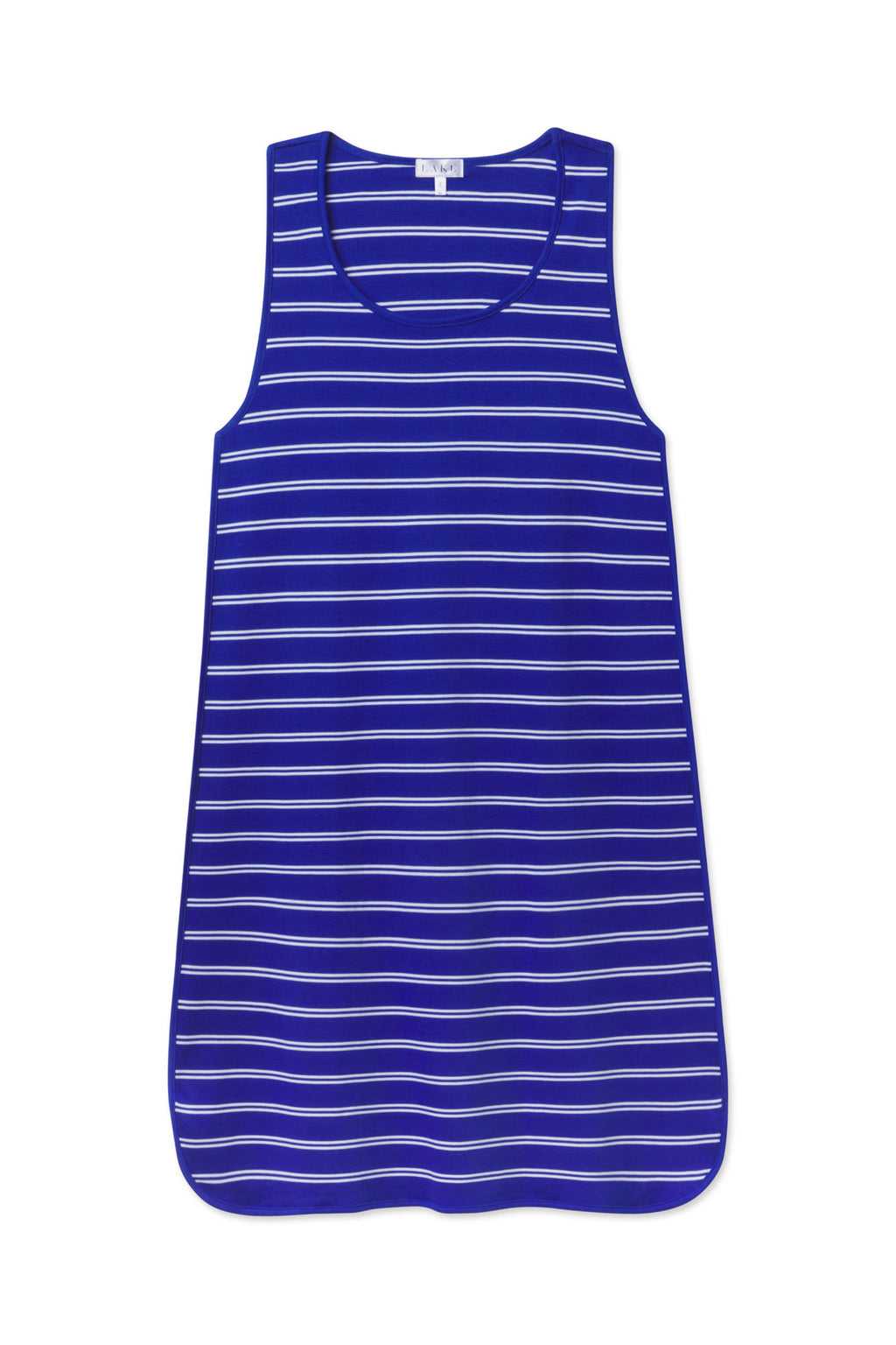 Blue tank gown with white horizontal stripes throughout, rounded neckline and armholes, straight silhouette.