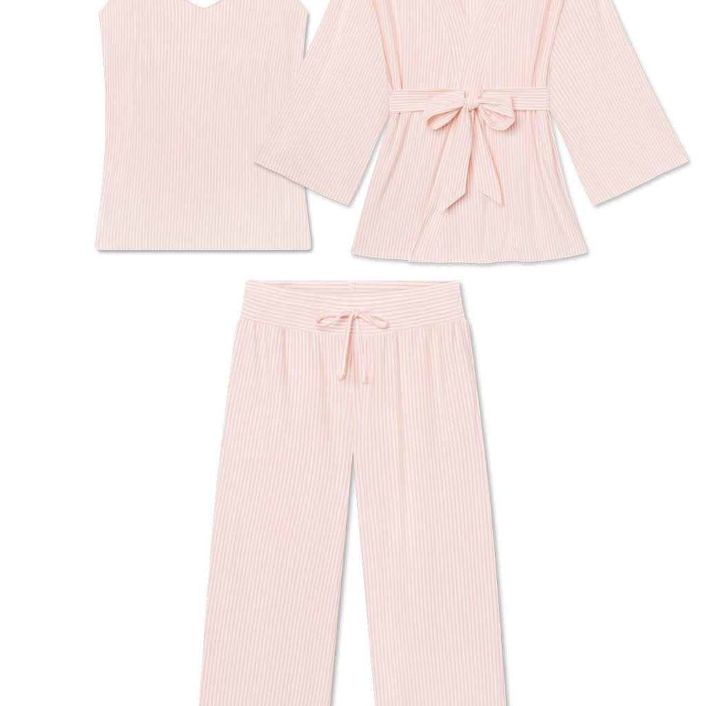 Lake Pajamas Maternity DreamModal Kimono Three-Piece Set in English Rose Pencil Stripe