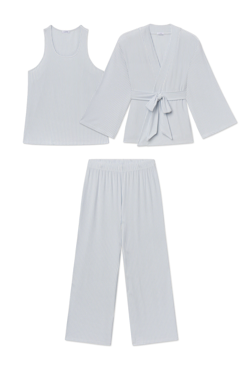 Three-piece fog-colored ribbed set including sleeveless tank top, kimono-style wrap jacket with tie belt, and wide-leg pants.