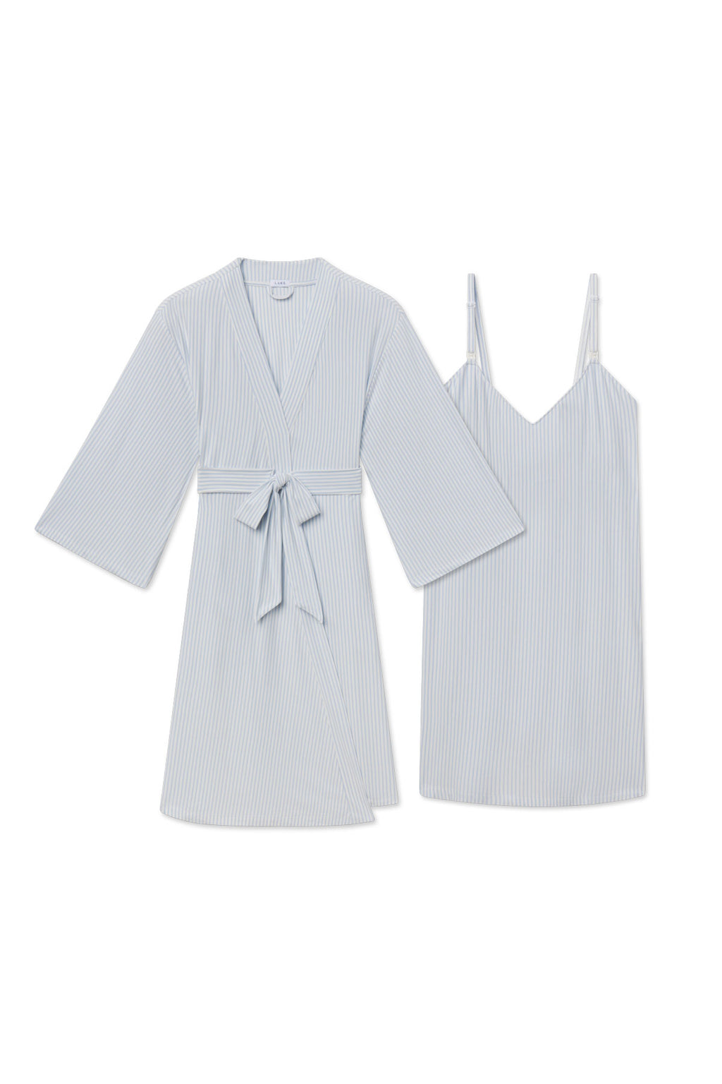 Fog-colored ribbed kimono robe with tie waist and matching camisole nightgown with adjustable straps.