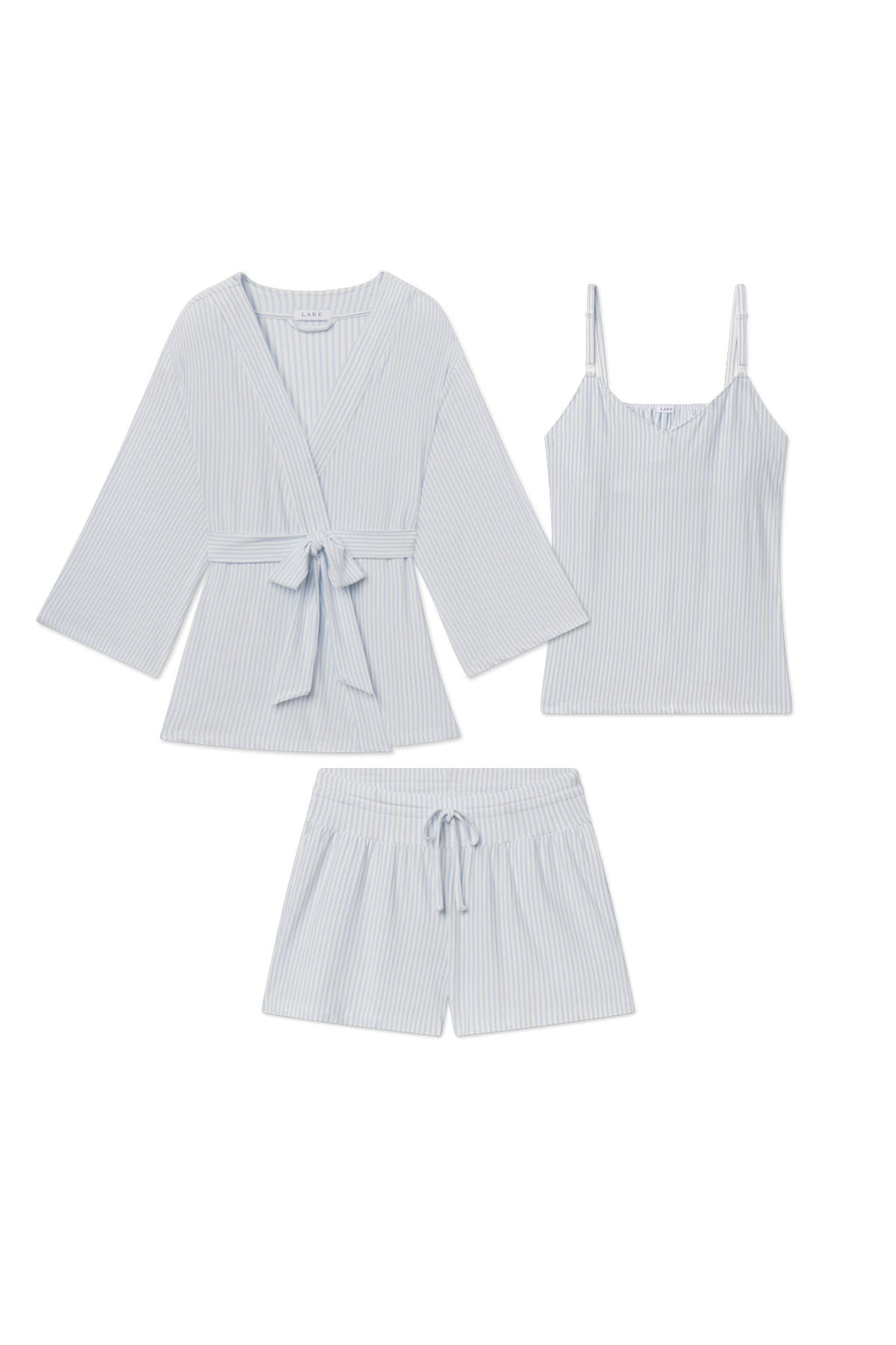 Three-piece maternity set in light gray with vertical ribbed texture: wrap kimono with tie belt, sleeveless camisole tank, an