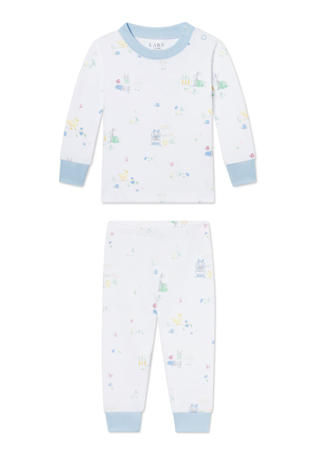 The Baby Long-Long Set in Easter Egg Hunt features soft Pima Cotton toddler pajamas in light blue, with matching pants and blue cuffs, decorated with pastel bunnies and chicks on a white background.