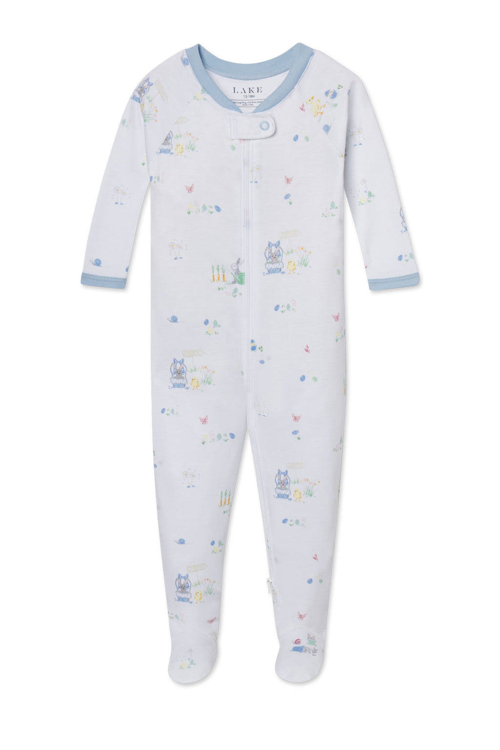 The Baby Sleeper in Easter Egg Hunt is a light blue Pima cotton sleeper with long sleeves, blue trim, and a subtle nature-themed print. It features a dual zipper from chest to leg and is shown on a white background.