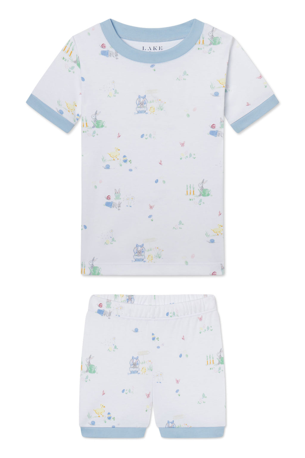 The Kids Shorts Set in Easter Egg Hunt is made from 100% Pima cotton in light blue, featuring blue trim and pastel animal prints. Includes a crew neck top and elastic waist shorts—perfect for an Easter Egg Hunt.