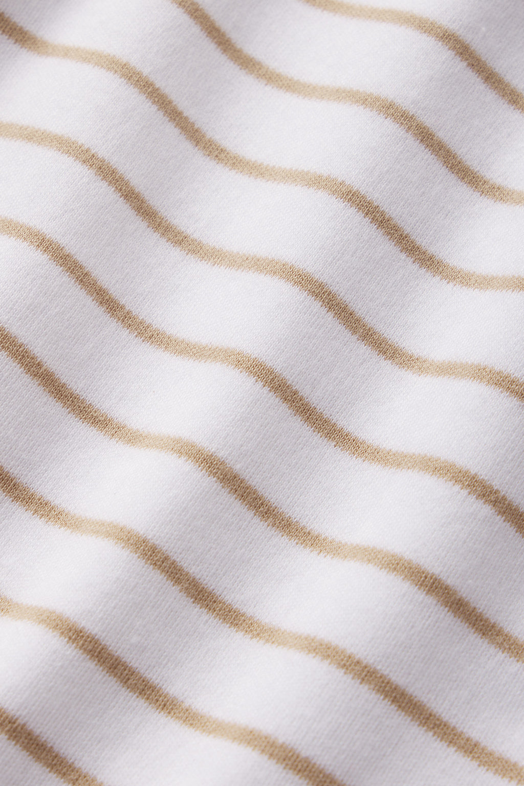 Close-up of the Pima Long Sleeve Nightgown in Sandstone Rowing Stripe, featuring soft, smooth 100% Pima Cotton with evenly spaced wavy beige stripes on white fabric for a luxurious feel.