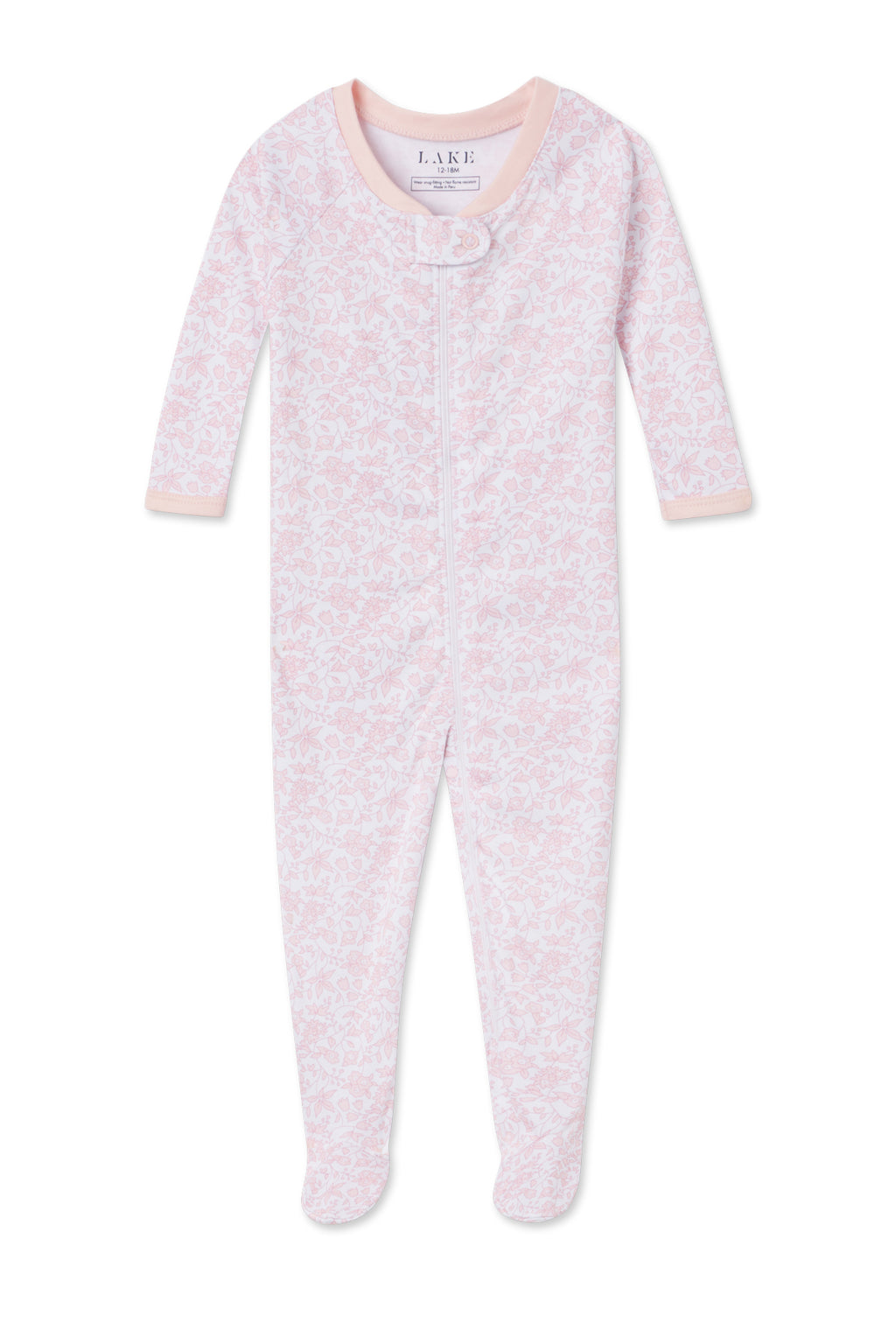 The Baby Sleeper in English Rose Garden Floral features light pink and white colors, long sleeves, a front zipper, and is made from 100% Pima cotton for ultimate softness and comfort.