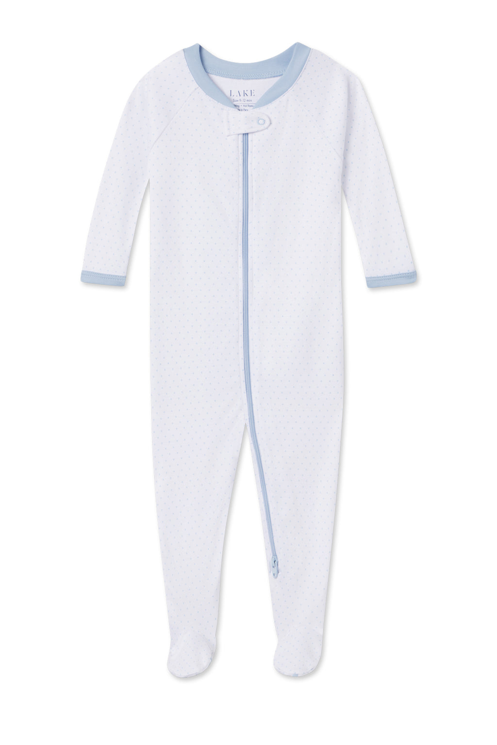 The Baby Sleeper in French Blue Pindot is a white Pima cotton sleeper with light blue trim, tiny polka dots, long sleeves, covered feet, and a dual zipper from neckline to leg for easy changing.