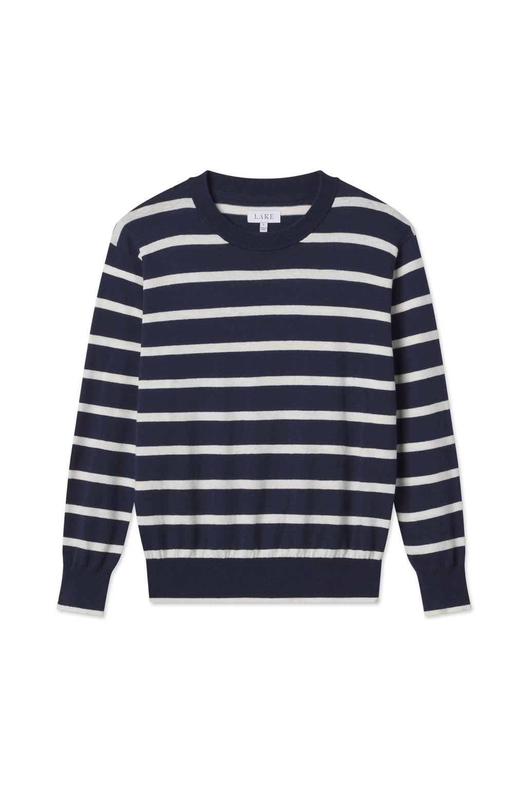 The Evaline Sweater in Deep Navy Wharf Stripe showcases white horizontal stripes, long sleeves, and ribbed cuffs and hem, set against a white background.