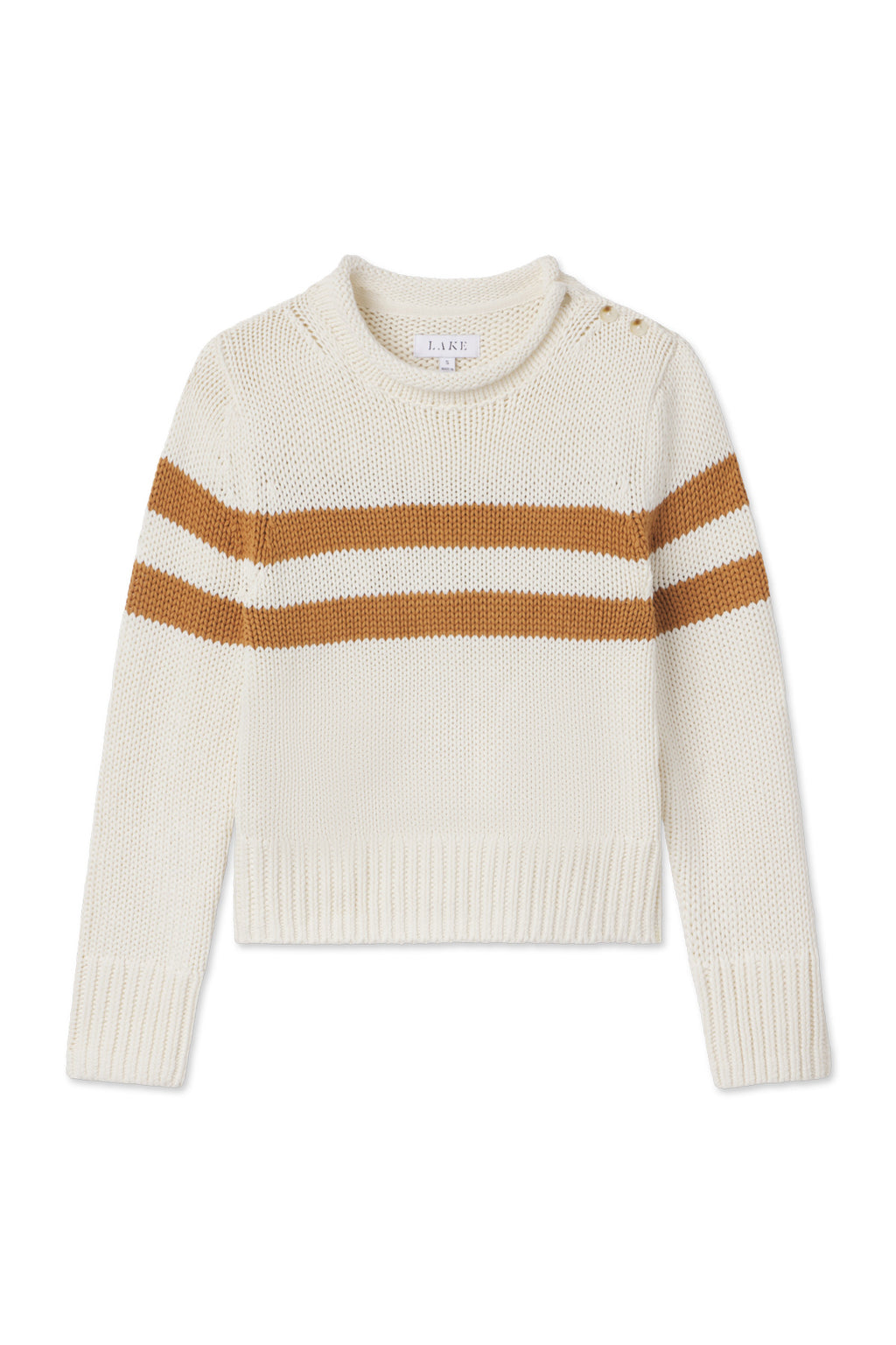 The Jane Cotton Sweater in Cognac Double Stripe is a cream chunky cotton knit with cognac double stripes on the chest and arms, plus ribbed cuffs, hem, and shoulder button details.