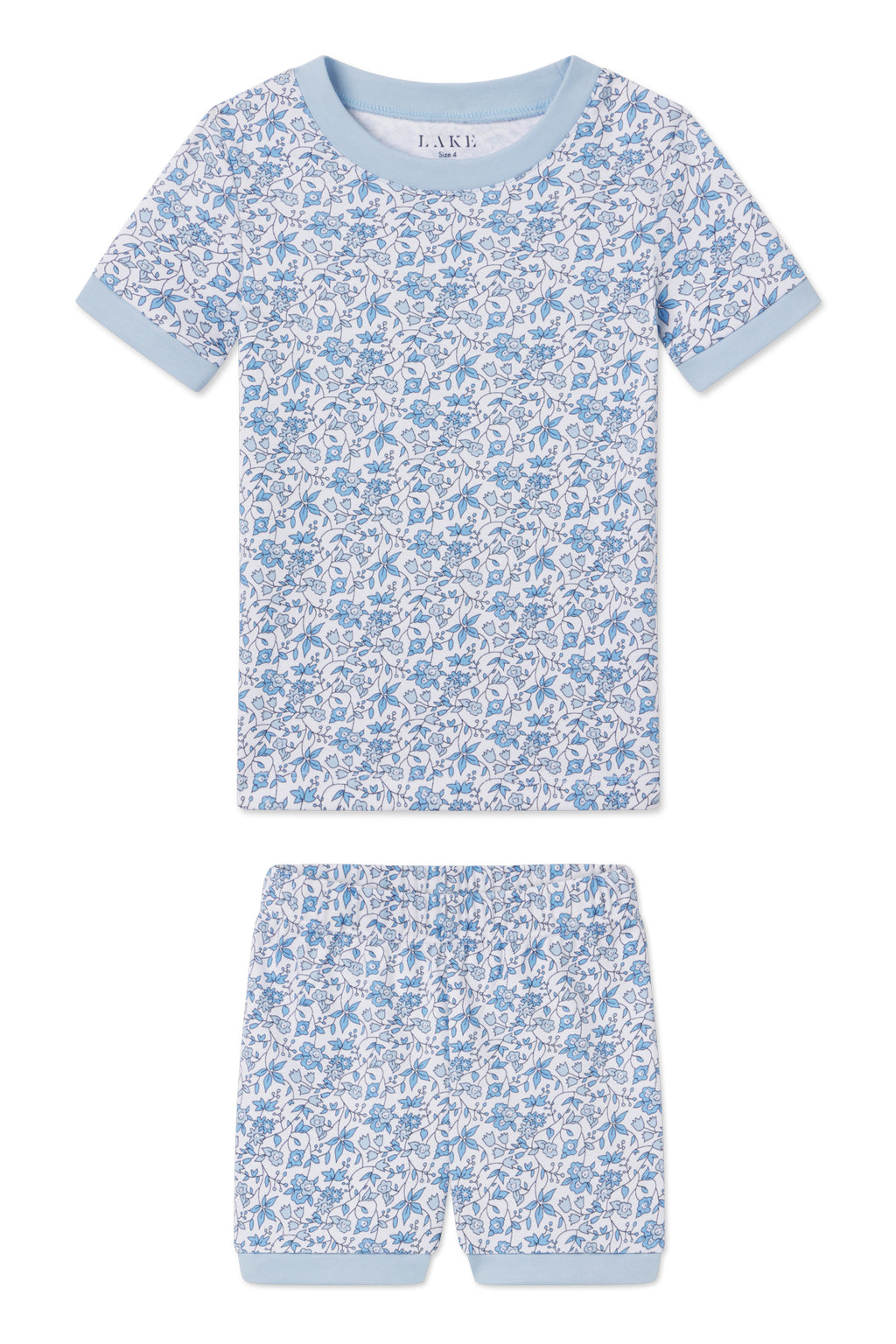 The Kids Shorts Set in Delft Blue Garden Floral features a white base with a garden floral pattern, light blue trim on the collar, sleeve cuffs, and waistband. Made from 100% Pima cotton for exceptional softness and comfort.