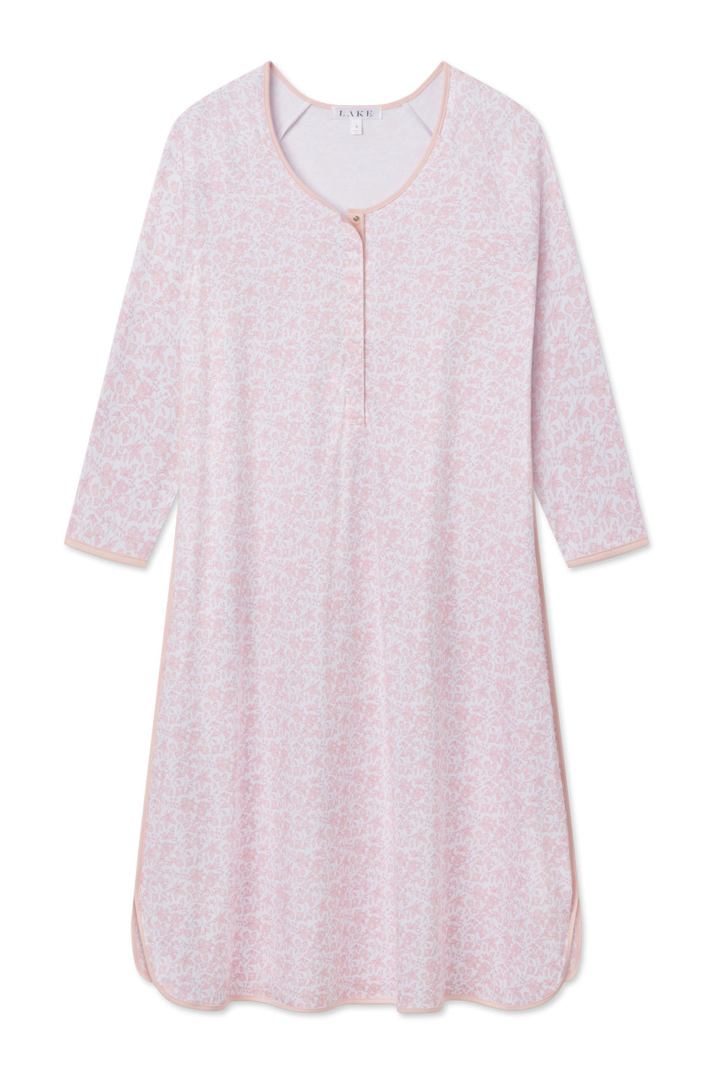 Pima Maternity Long Sleeve Nightgown in English Rose Garden Floral features light pink and white hues, a round neckline, partial button front, side slits at the hem, and is made from soft Pima cotton for comfort.