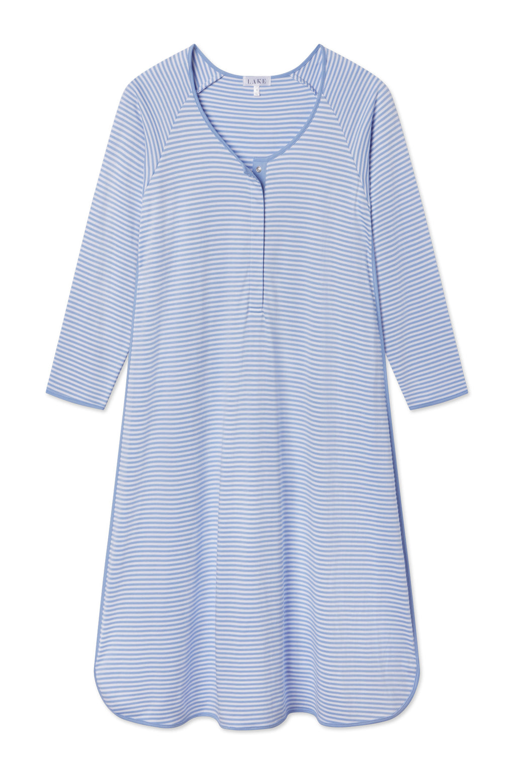 The Pima Maternity Long Sleeve Nightgown in Hydrangea features light blue and white stripes, three-quarter sleeves, a round neck with a short button placket, and is nursing-friendly. Made from soft Pima cotton for maximum comfort.