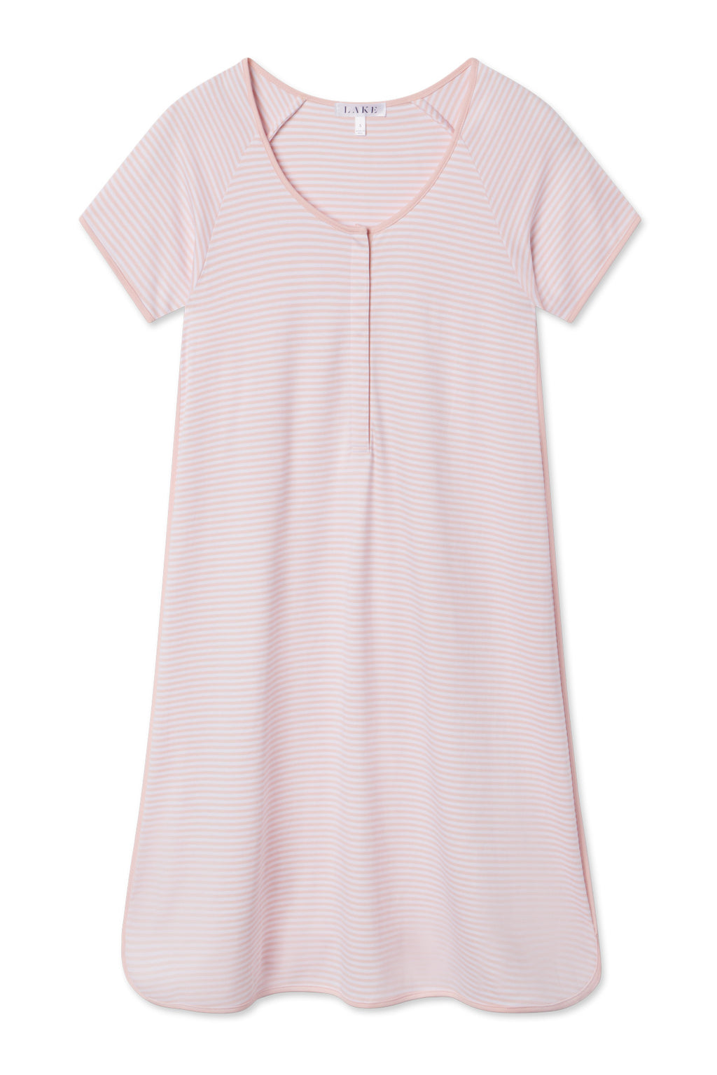 The Pima Maternity Nightgown in English Rose Stripe features short sleeves, a scoop neckline, subtle white horizontal stripes, a relaxed fit, and a single center front pleat. Made from soft Pima cotton for comfort.