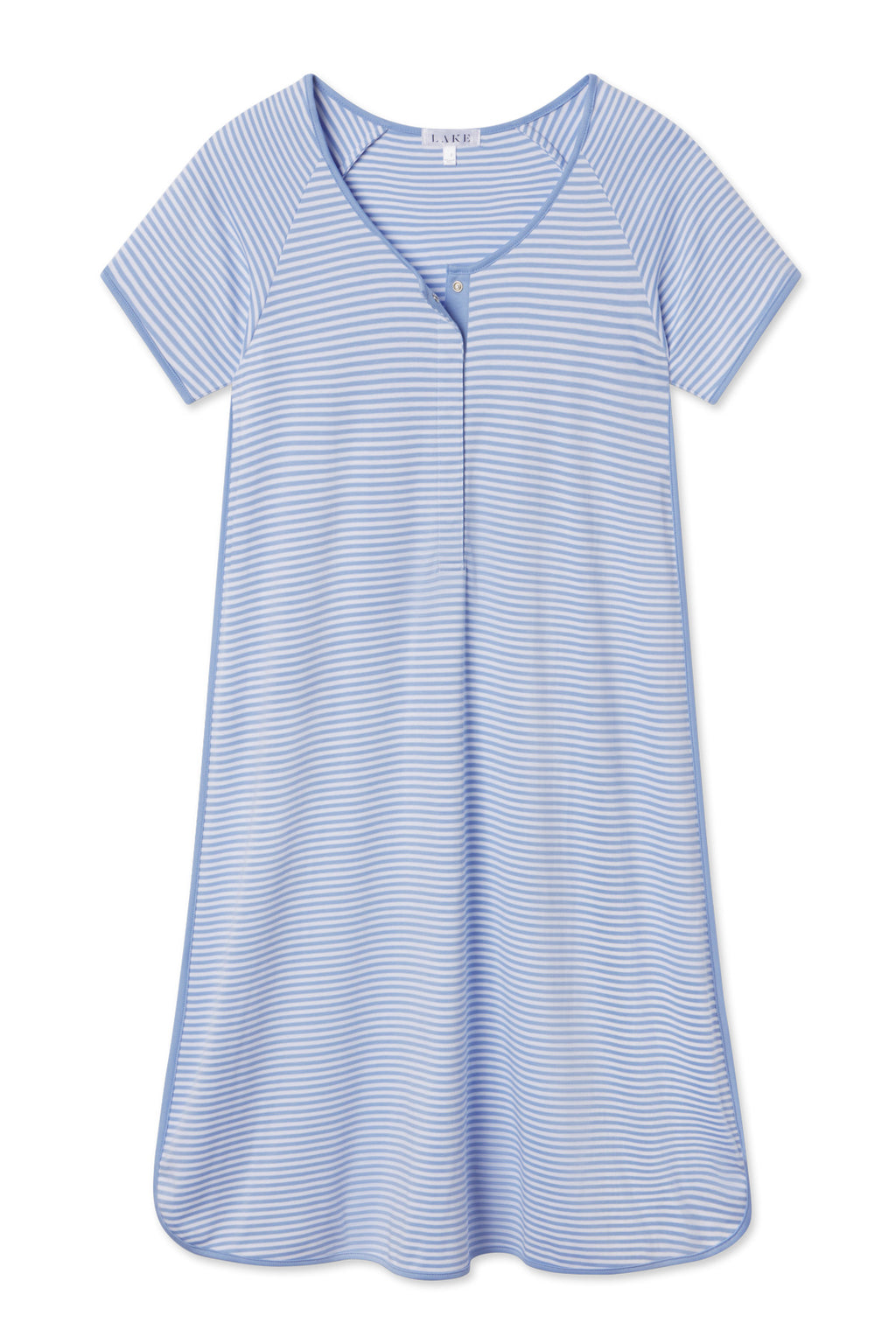 The Pima Maternity Nightgown in Hydrangea features light blue and white stripes, short sleeves, a loose fit, rounded neckline, and a front button for nursing access. Made from soft, comfortable Pima cotton.