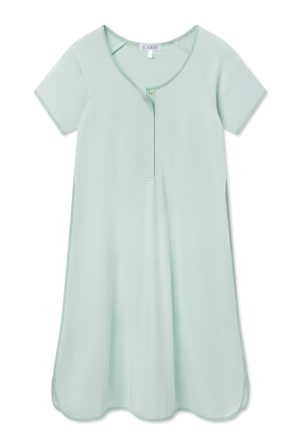 The Pima Maternity Nightgown in Parisian Green features light green 100% Pima cotton, short sleeves, knee-length cut, a round neckline, short button placket, subtle horizontal stripes, and a loose A-line silhouette.