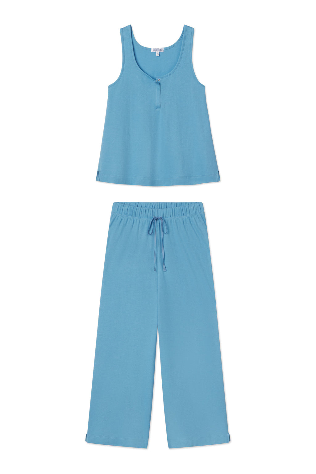 The Pointelle Maternity Wide Leg Tank Set in Serene Blue features a light blue, sleeveless nursing tank with small button detail and matching wide-leg pants, shown laid flat on a white background.
