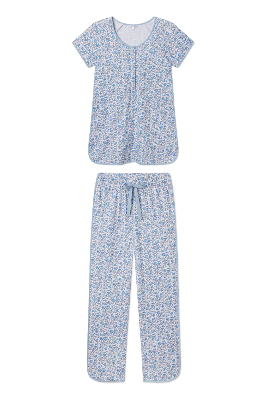 The Pima Maternity Short-Long Set in Delft Blue Garden Floral features a nursing-friendly, buttoned round-neck short-sleeve top and matching drawstring long pants in a light blue floral pattern.