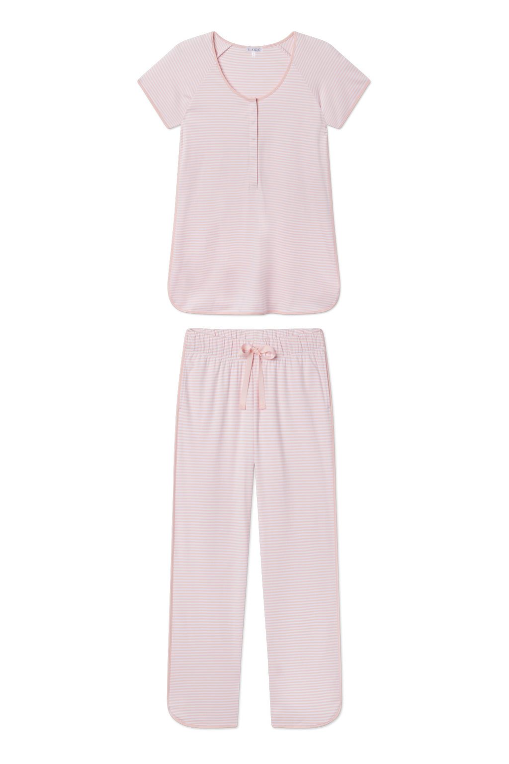 The Pima Maternity Short-Long Set in English Rose Stripe features a light pink, soft Pima cotton pajama set with subtle white stripes, a round-neck top with placket, and elastic waist pants. Both pieces offer a relaxed fit for comfort.