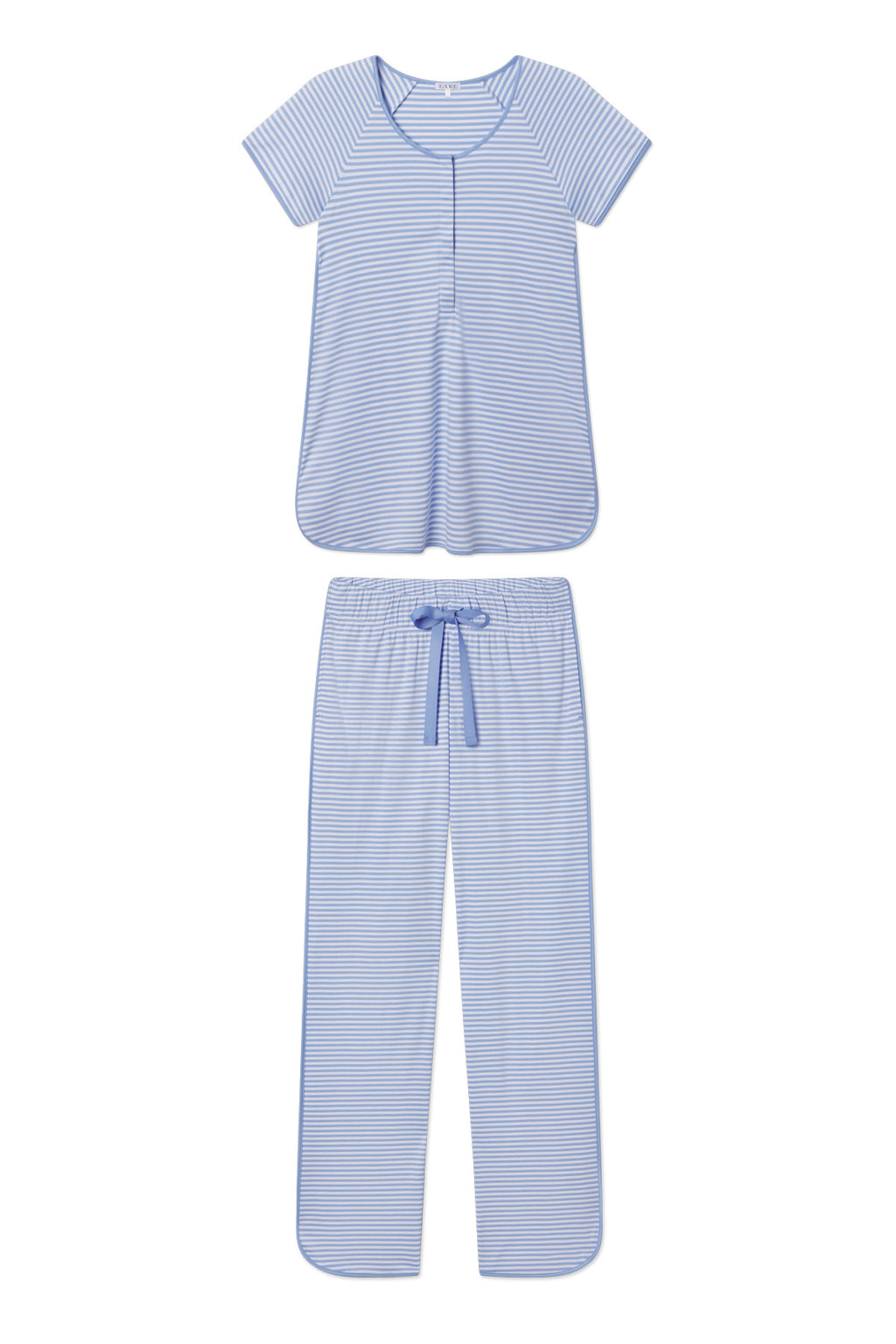 The Pima Maternity Short-Long Set in Hydrangea features light blue and white stripes, a short-sleeve button-front top, and long pants with an elastic waistband and blue drawstring—perfect as a relaxed, comfortable nursing pajama set.