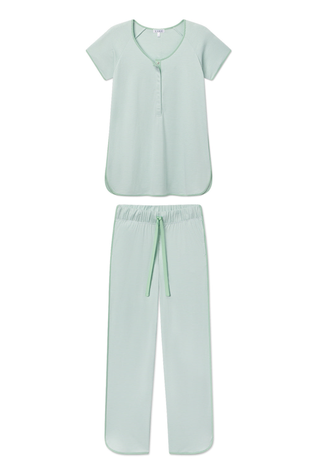 The Pima Maternity Short-Long Set in Parisian Green is a nursing-friendly pajama set made from soft Pima cotton, with a buttoned short-sleeve top and matching drawstring pants, shown on a plain white background.