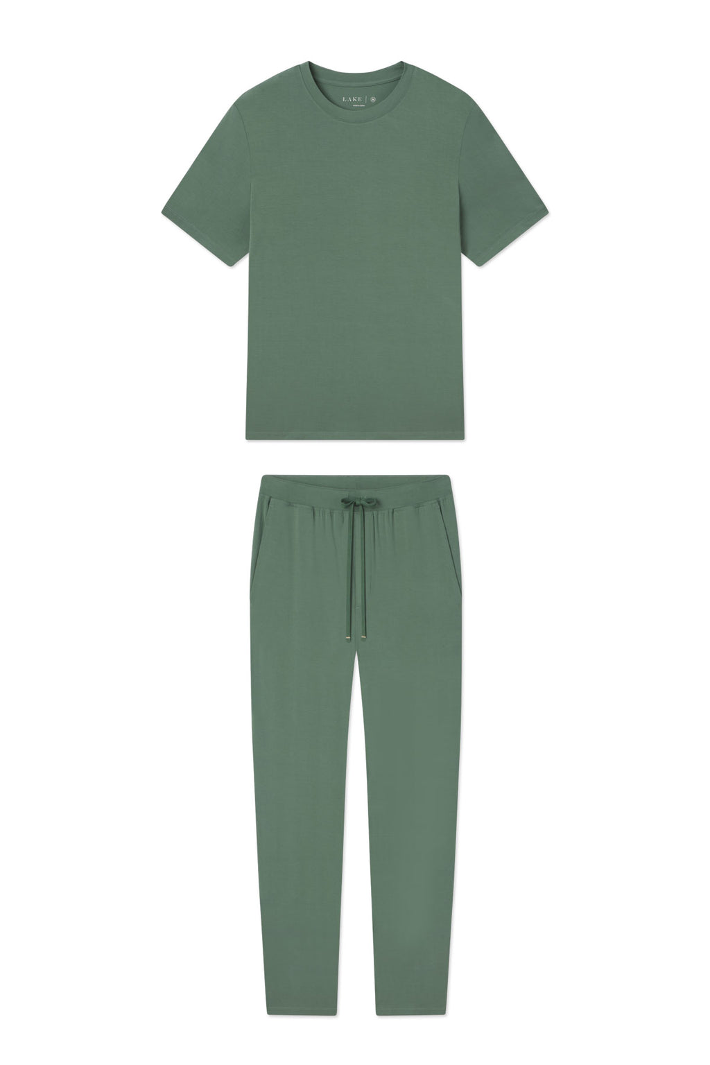 The Mens Bamboo Lounge Set in Fairway Green includes a short-sleeve crewneck t-shirt and drawstring jogger pants with side pockets, both laid flat on white. This breathable set combines comfort and style for men.
