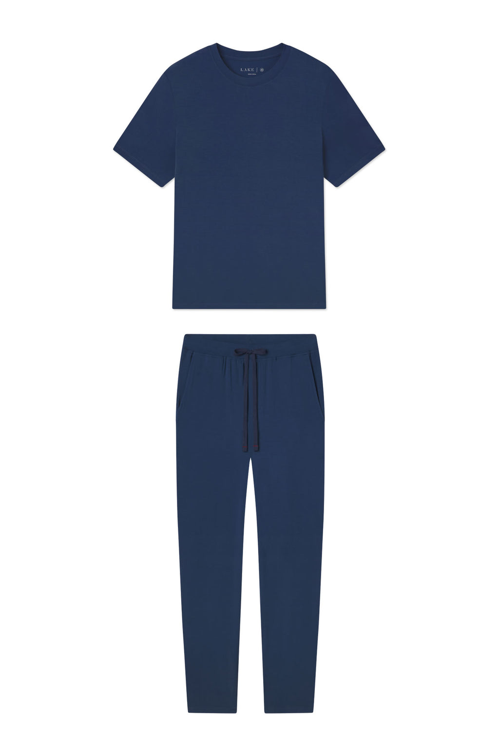 The Mens Bamboo Lounge Set in Navy includes a short-sleeve crew-neck T-shirt and drawstring pants with side pockets, all made from breathable bamboo fabric and shown on a white background.