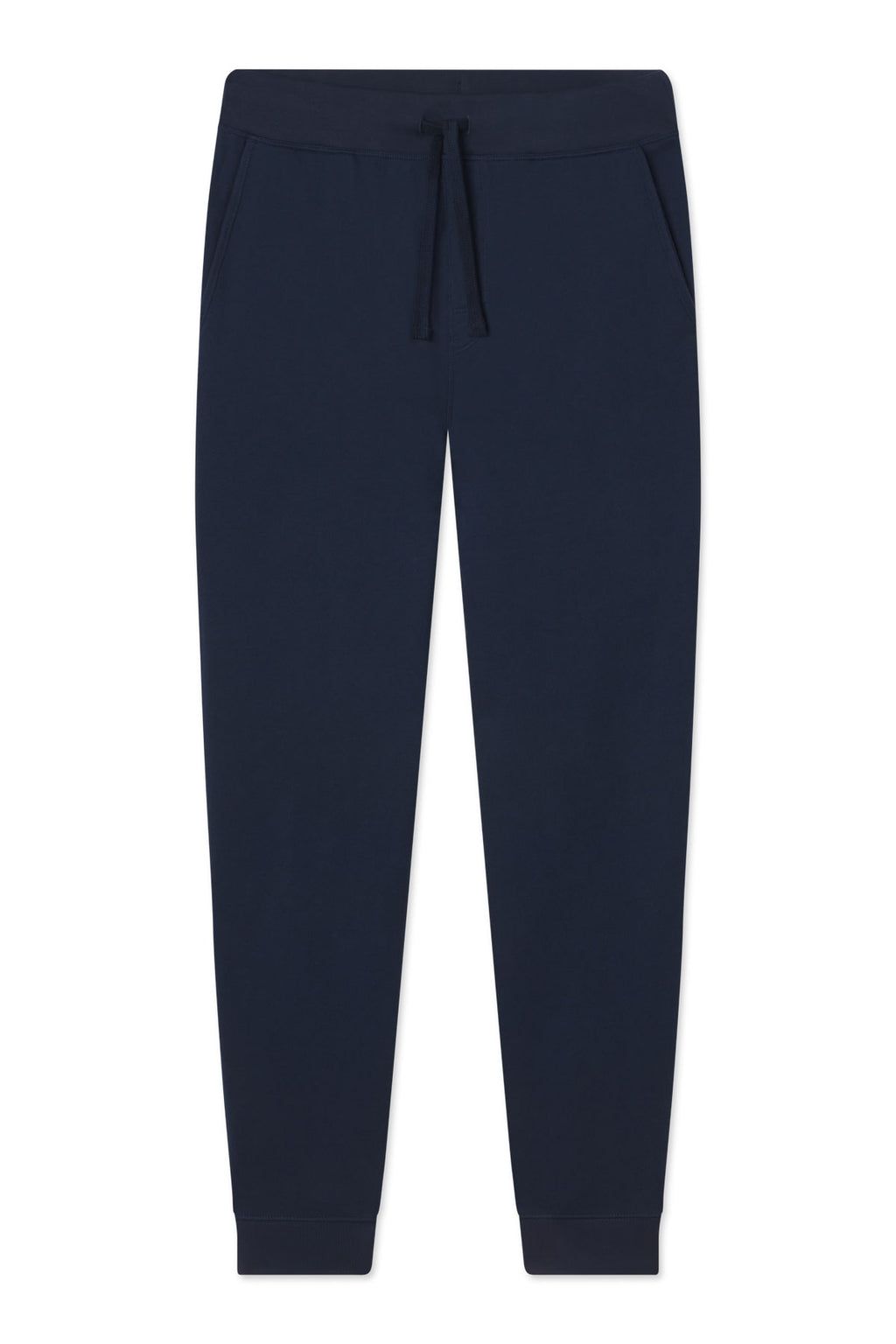The Mens Dockside Jogger in Deep Navy features French terry fabric, an elastic waistband with drawstring, side pockets, and ribbed cuffs, shown laid flat on a white background.