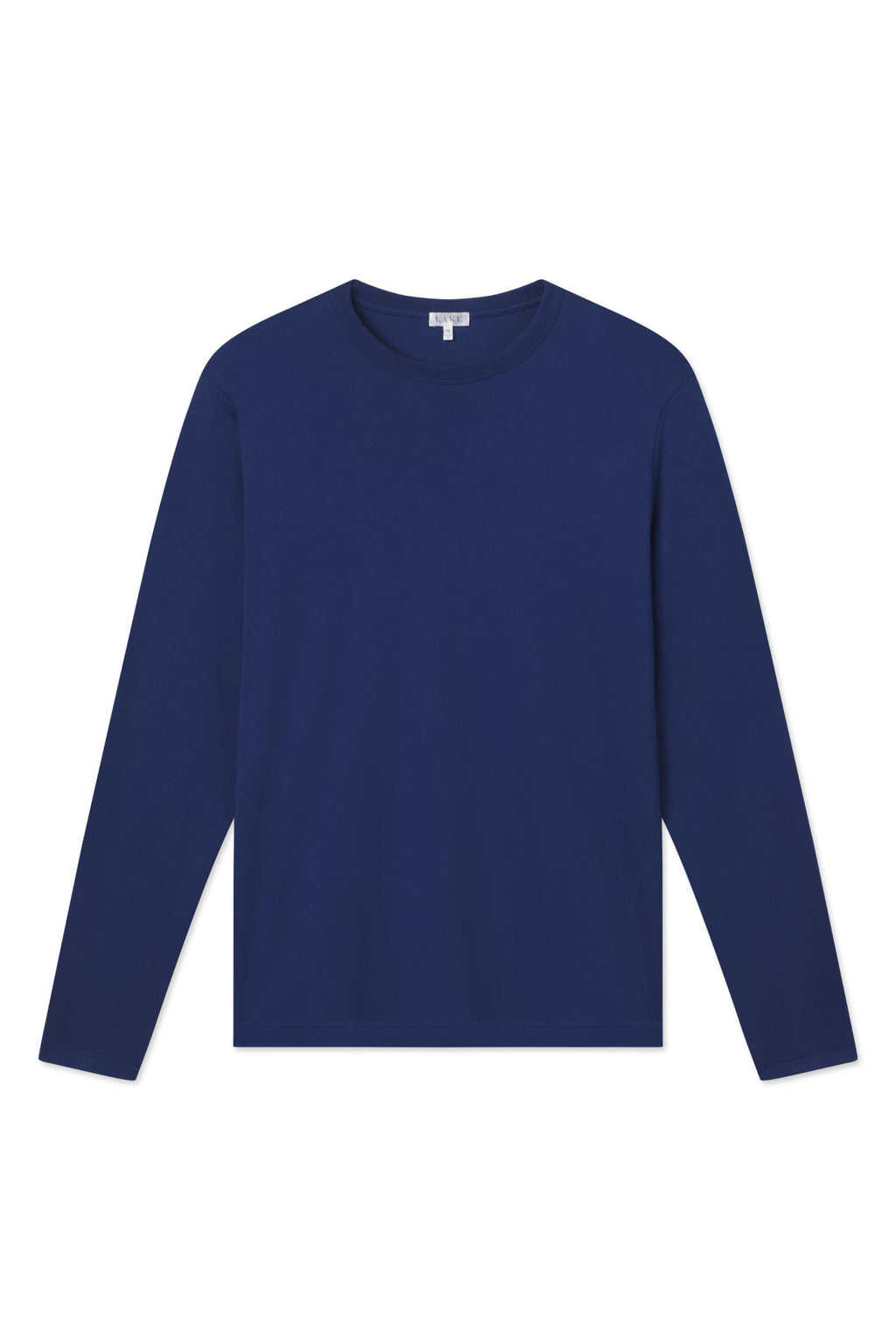 The Mens Pima Crewneck Long Sleeve Tee in French Navy, made from soft Peruvian cotton with a classic crew neck, is shown laid flat on a white background.