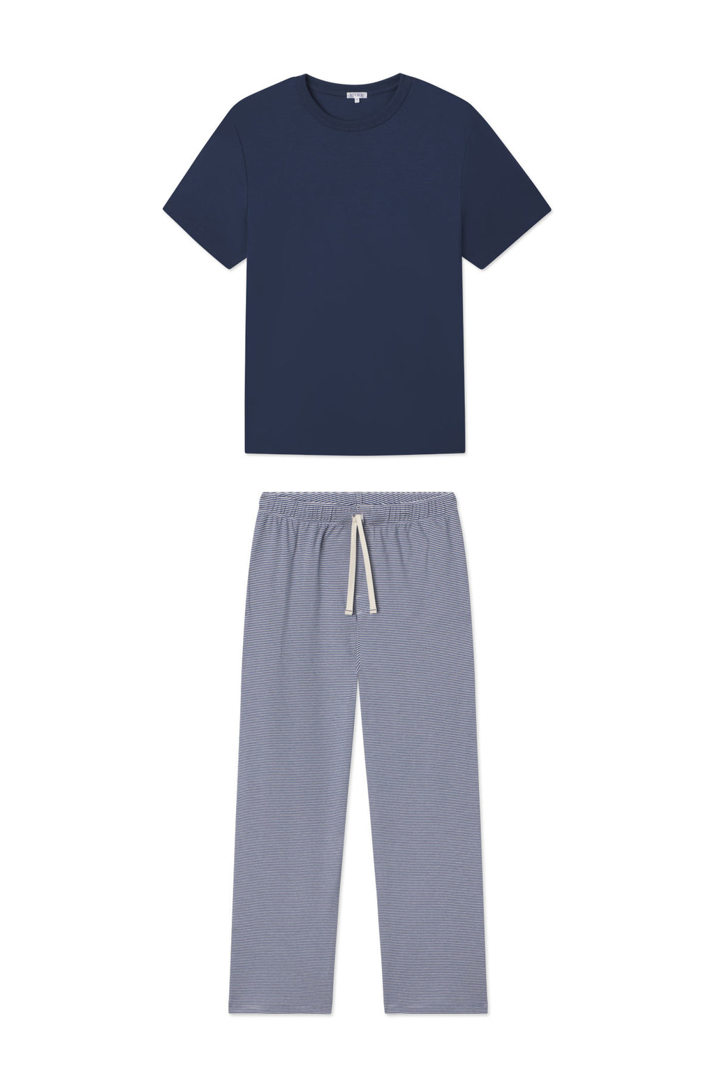 The Mens Pima Sleep Short-Long Set in True Navy, featuring a short-sleeve navy crew neck top and light gray drawstring pants, is displayed flat on a white background.