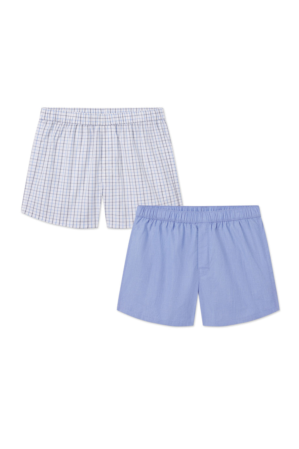 Mens Poplin Boxer Bundle in Blue: includes one pair in blue and white check print and one solid light blue. Both are cotton poplin with elastic waistbands, displayed flat on a white background.