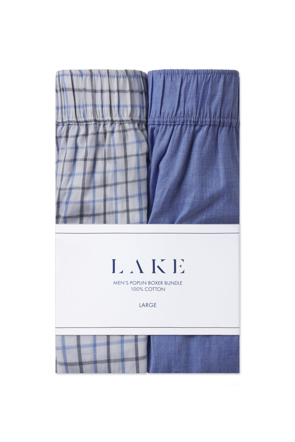 Two pairs of mens boxers, in solid and classic blue, are neatly folded and bundled with a white label reading Mens Poplin Boxer Bundle in Blue. Both feature a soft cotton poplin fabric and comfortable elastic waistband.