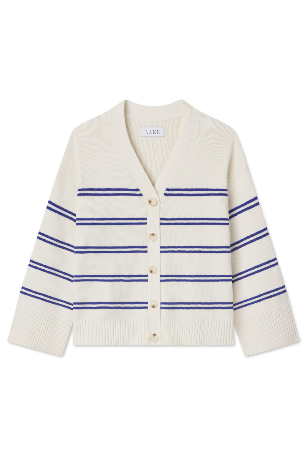 The Nora Cardigan in Ivory Caspian Stripe features long sleeves, a V-neck, front buttons, horizontal blue stripes, and ribbed cuffs and hem.