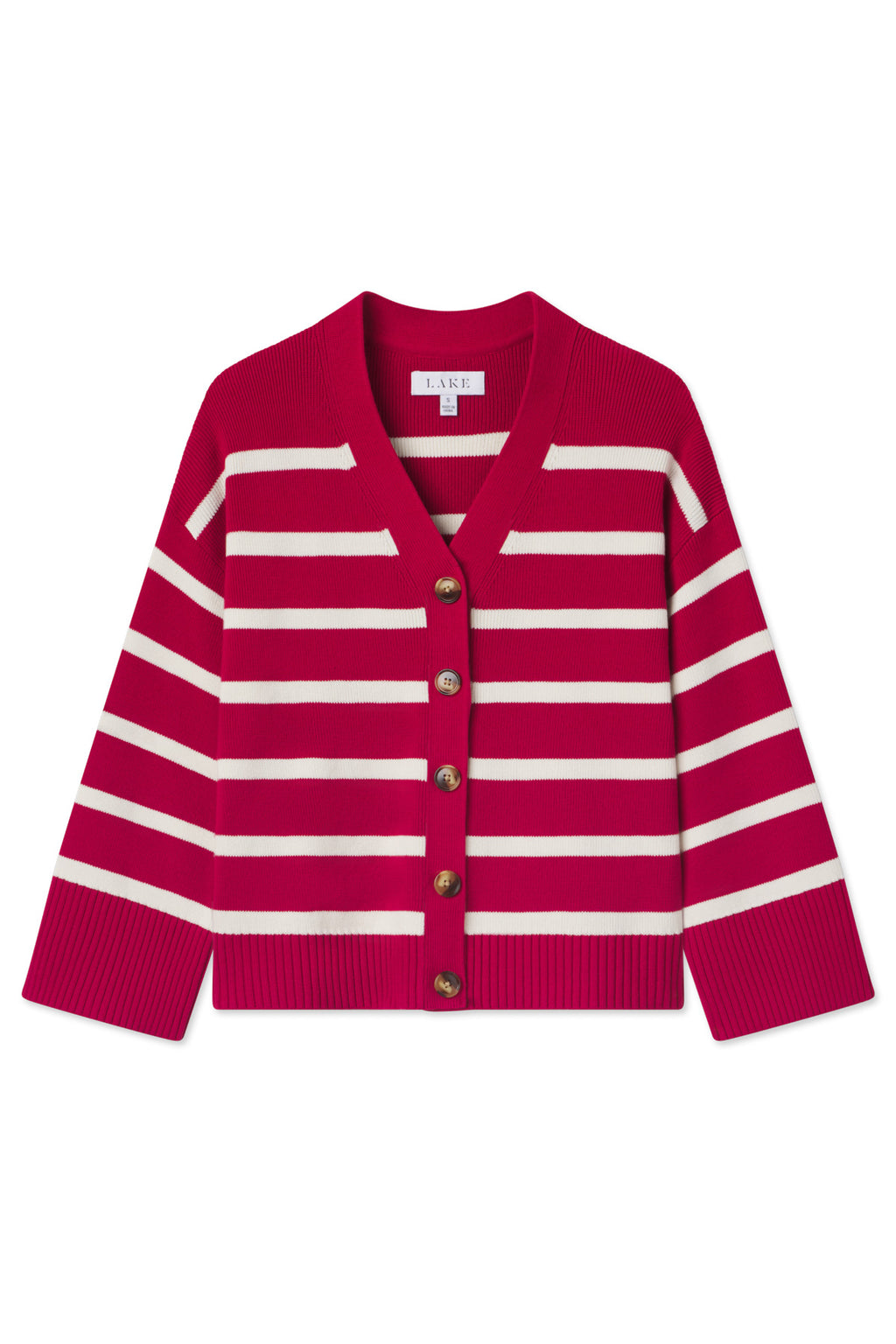The Nora Cardigan in Ivory Crimson Inverse Stripe features red and white stripes, long sleeves, brown front buttons, ribbed cuffs and hem, a V-neckline, and a relaxed varsity-inspired fit.