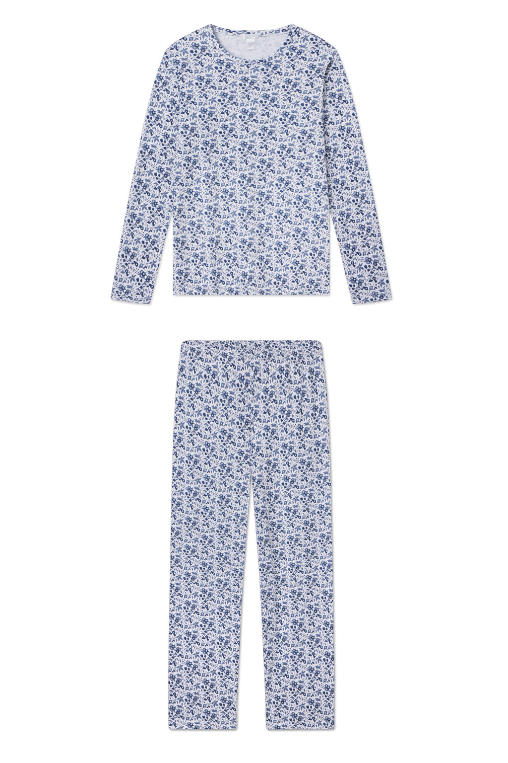 The Pima Crew Long-Long Set in Sea Depth Garden Floral is a soft Pima cotton pajama set with a long-sleeve top and pants, both featuring a blue and white floral pattern, laid flat on a white background.