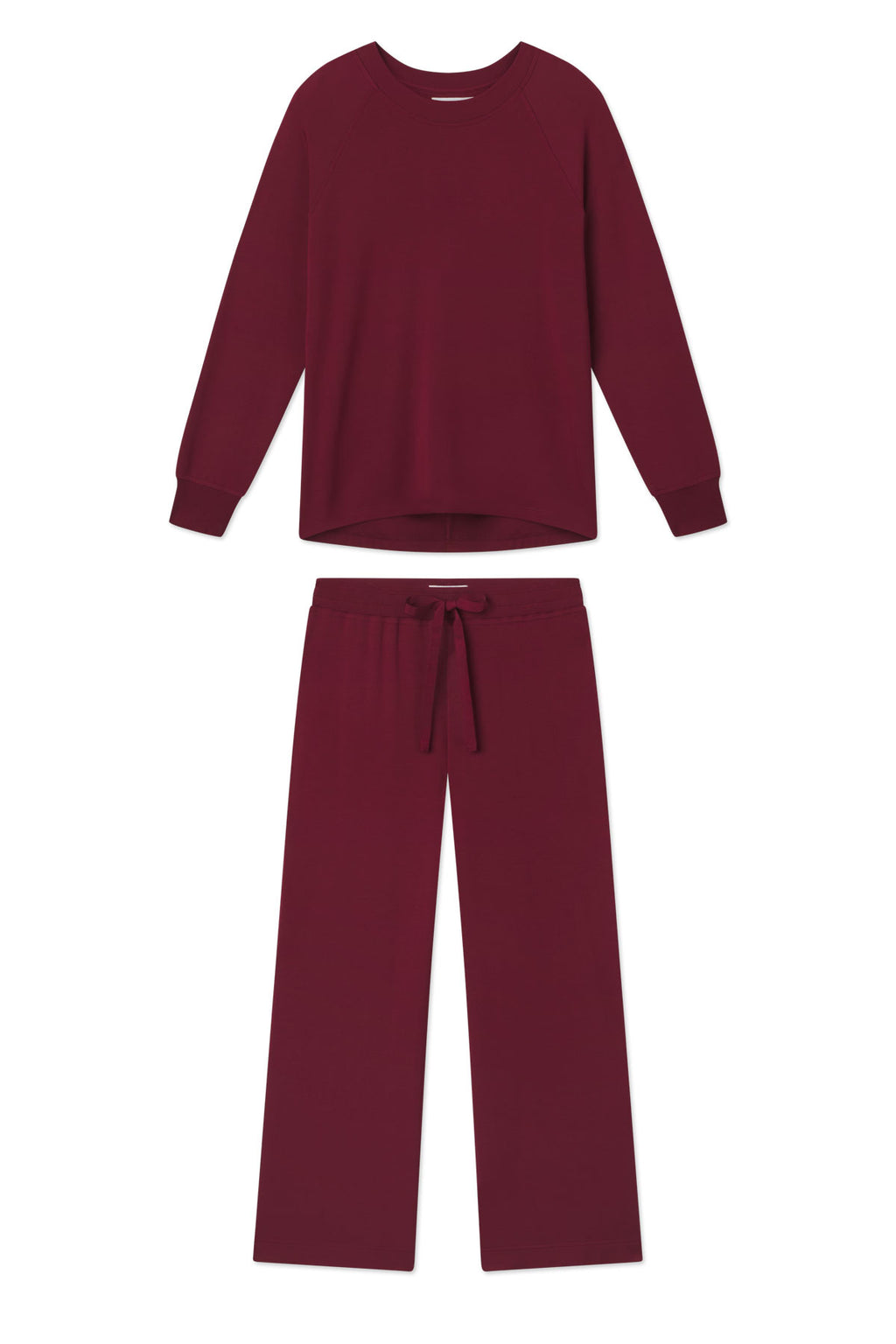 The Relax Pants Set in Burgundy includes a matching long-sleeve top and wide-leg pants, both crafted from soft fabric with a comfortable drawstring waist.