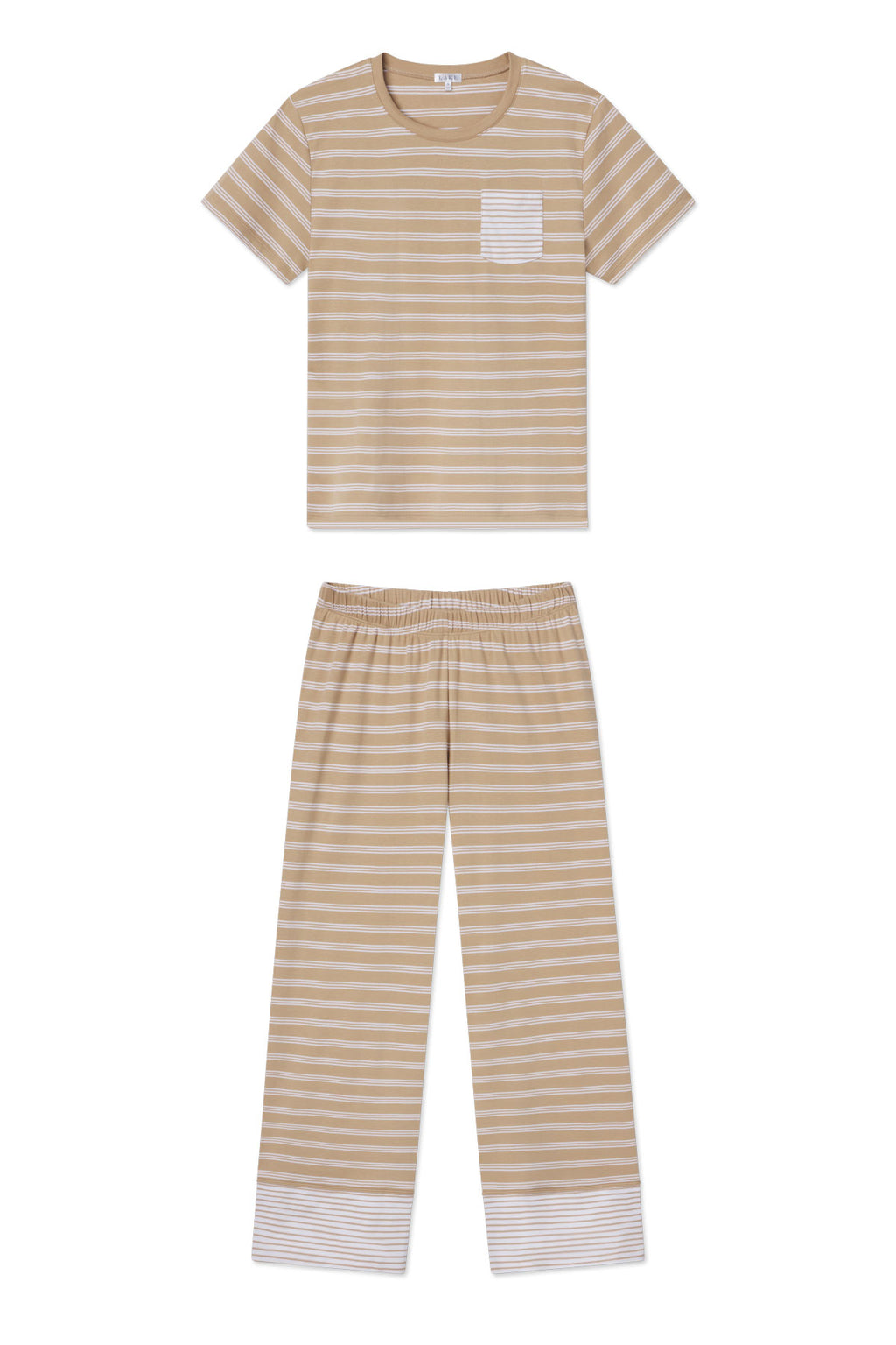 The Pima Crew Wide Leg Pajama Set in Sandstone Mixed Stripe features soft Pima cotton, a crew neck top with a striped chest pocket, and matching wide-leg pants with striped cuffs.