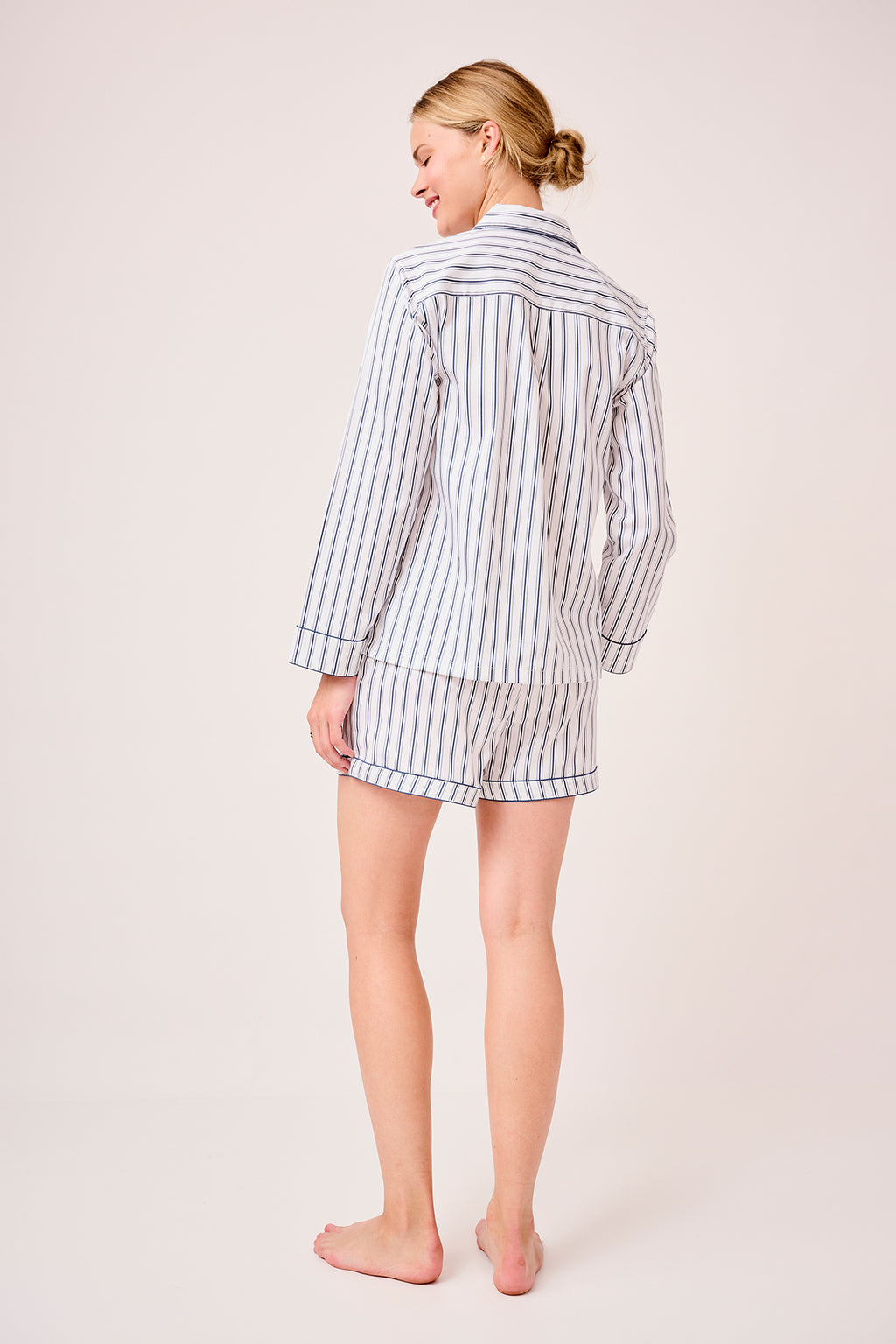 LAKE | Women | Poplin Pajamas | Navy Ticking Stripe Piped Shorts Set