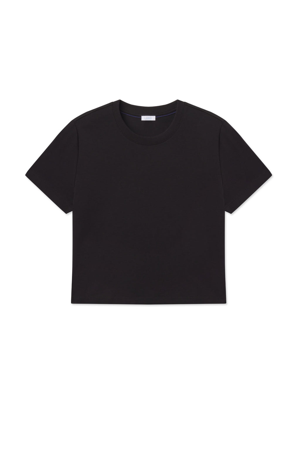 Black short-sleeve t-shirt with a boxy, relaxed cut and crew neckline.