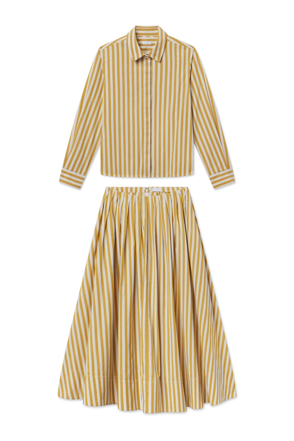 Two-piece set with gold and white vertical striped button-up shirt and matching pleated maxi skirt.