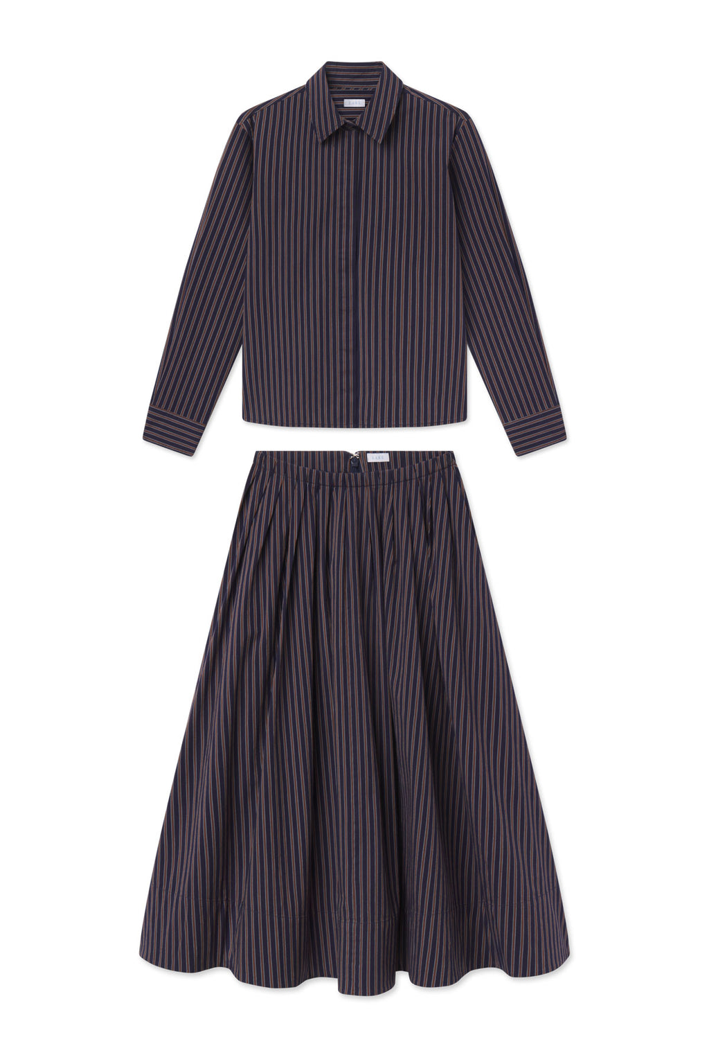Two-piece set with navy striped button-up shirt and matching A-line skirt with vertical stripe pattern.