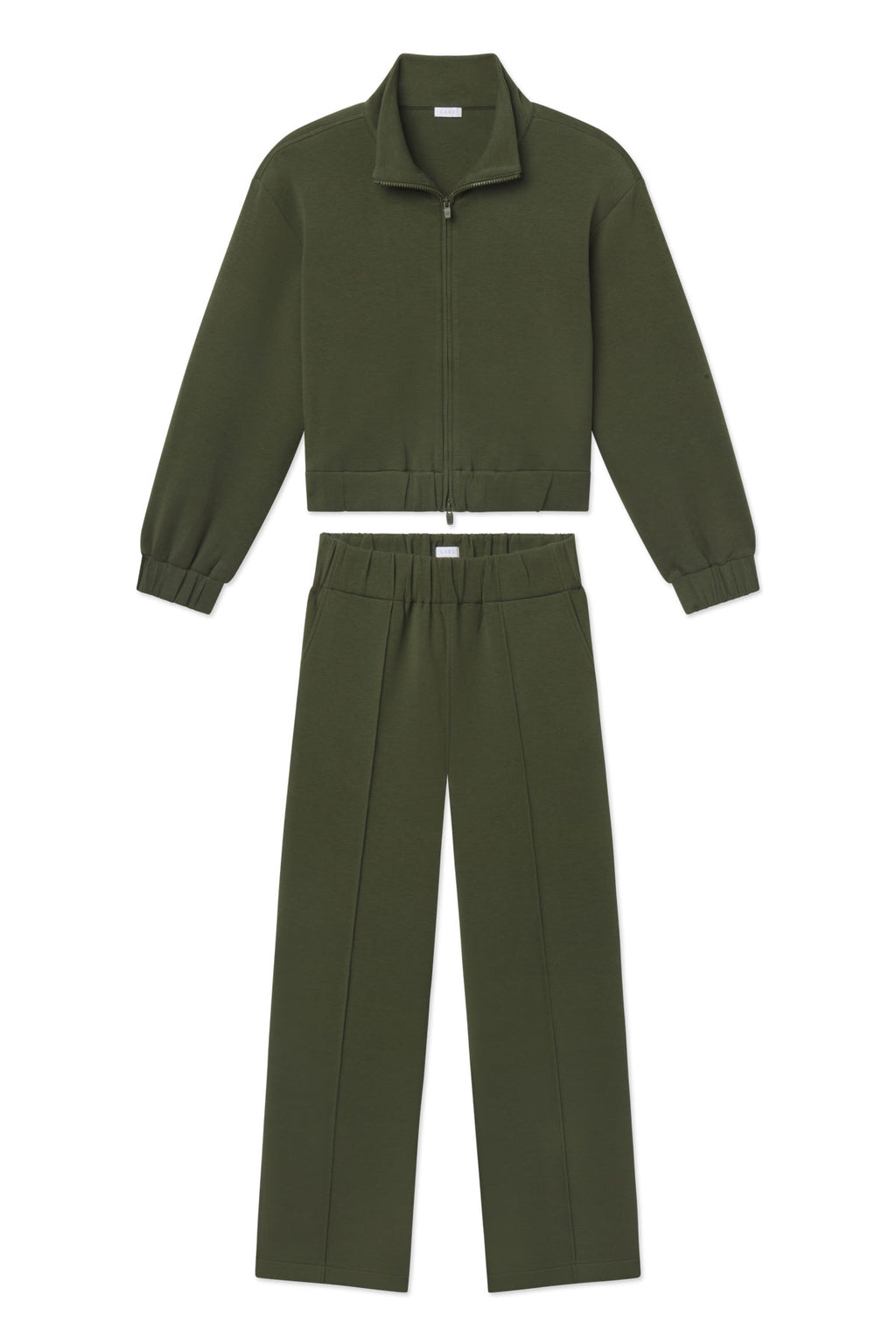 Cedar green two-piece set with cropped zip-up jacket and high-waisted wide-leg pants.