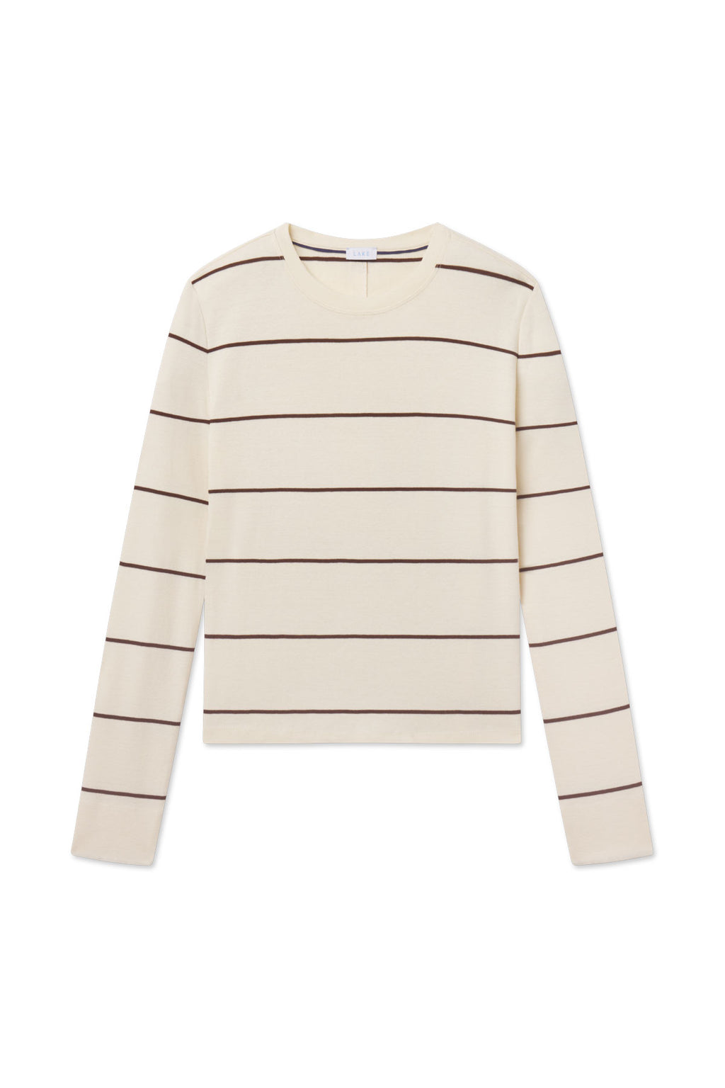 Cream long sleeve tee with brown horizontal stripes throughout.