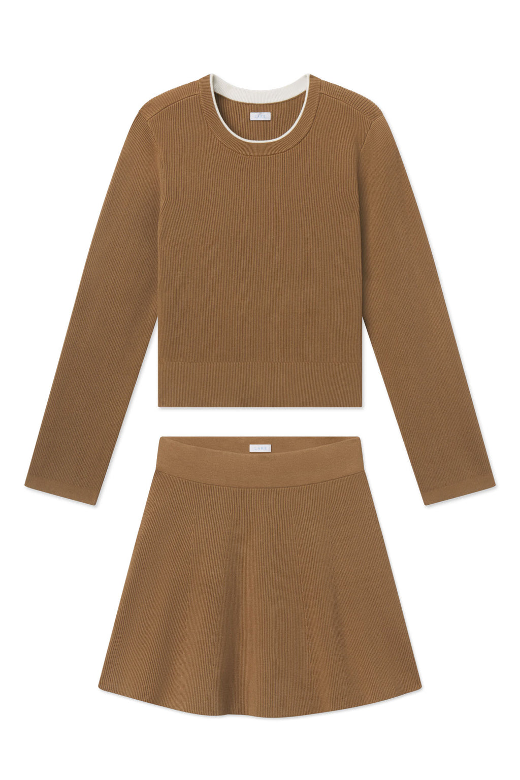 Toffee-colored two-piece set with ribbed long-sleeve top and matching A-line skirt.