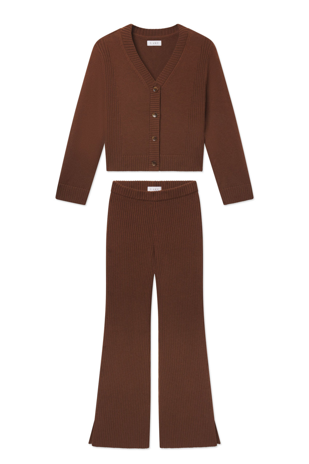 Cinnamon ribbed knit two-piece set with cropped cardigan and wide-leg pants, both featuring vertical ribbed texture.