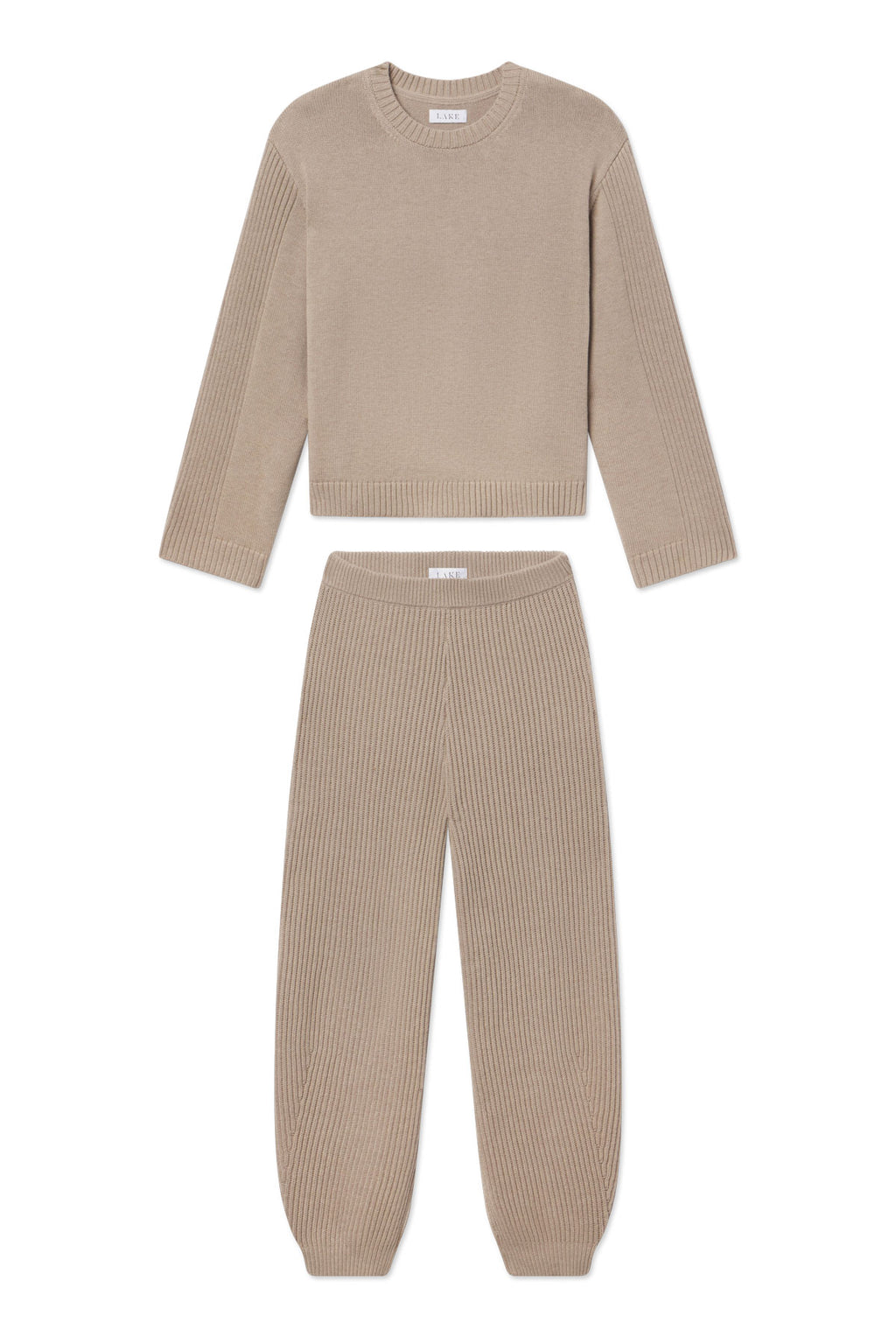 Fawn heather ribbed knit two-piece set with crew neck sweater and matching jogger pants.