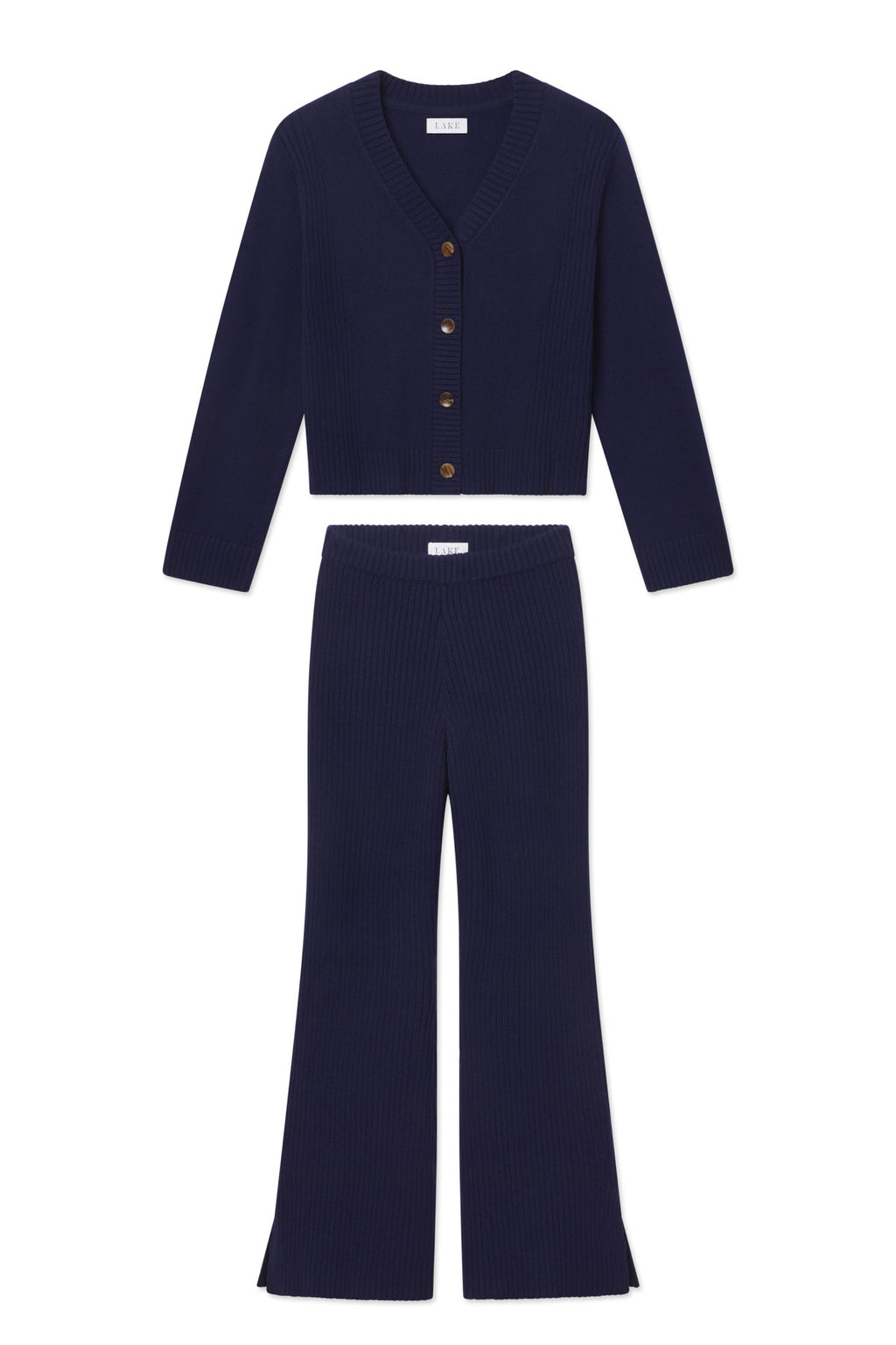 Dark blue ribbed cardigan with button front and matching ribbed wide-leg pants set.