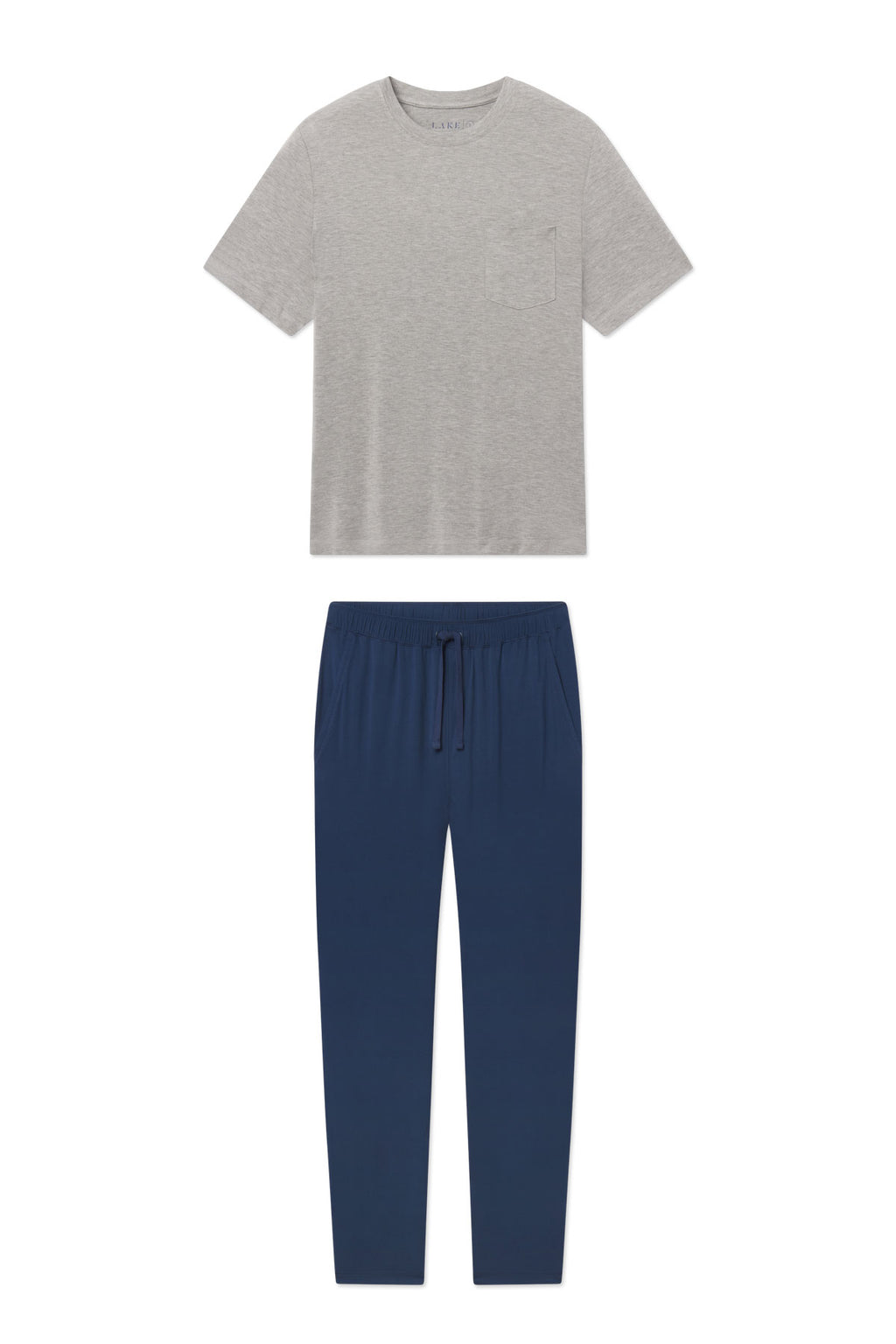 Gray short-sleeve t-shirt with chest pocket paired with navy drawstring pants.
